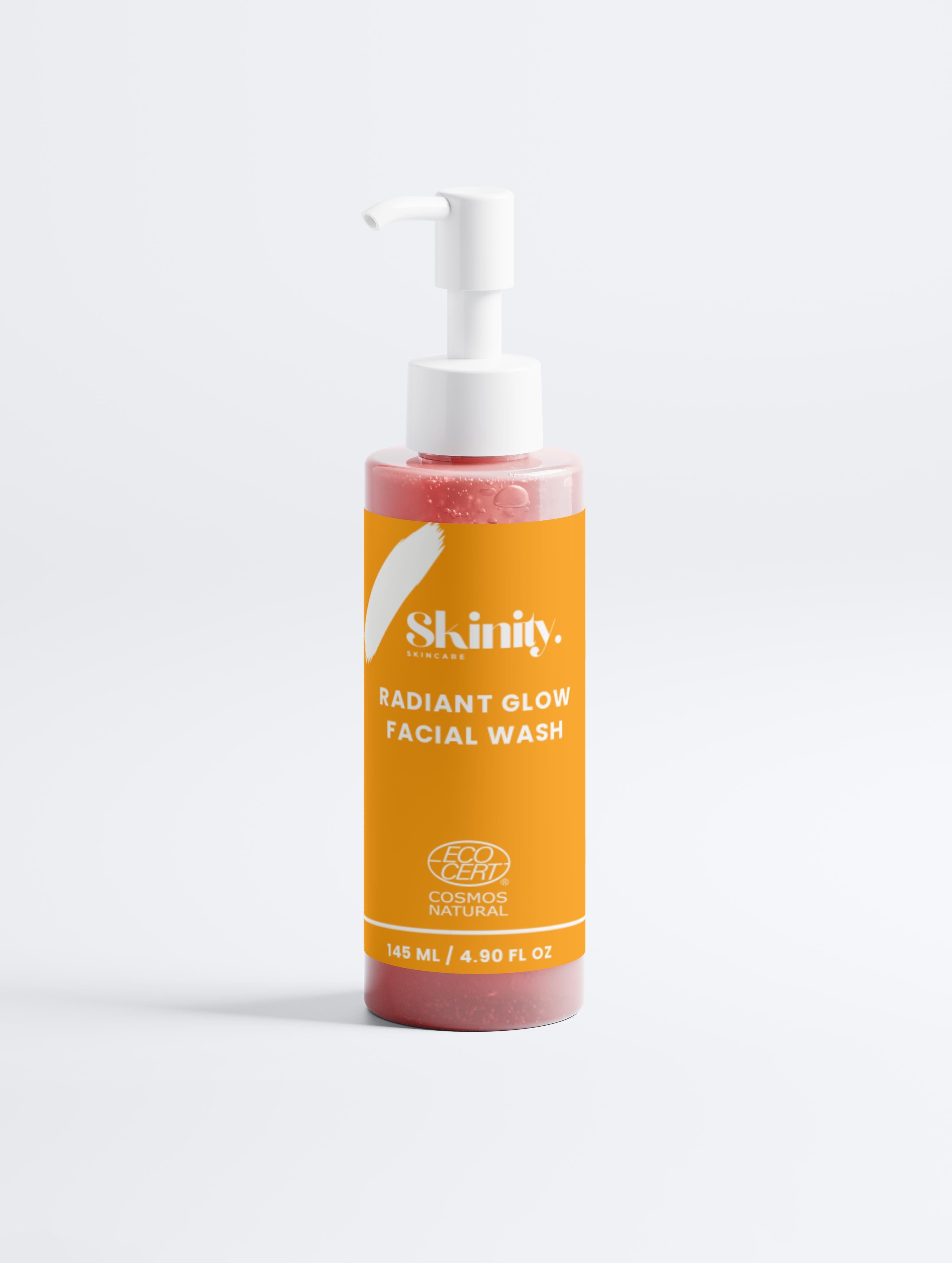 Radiant Glow Facial Wash For All Skin Types in a clear pump bottle on a minimalistic background.