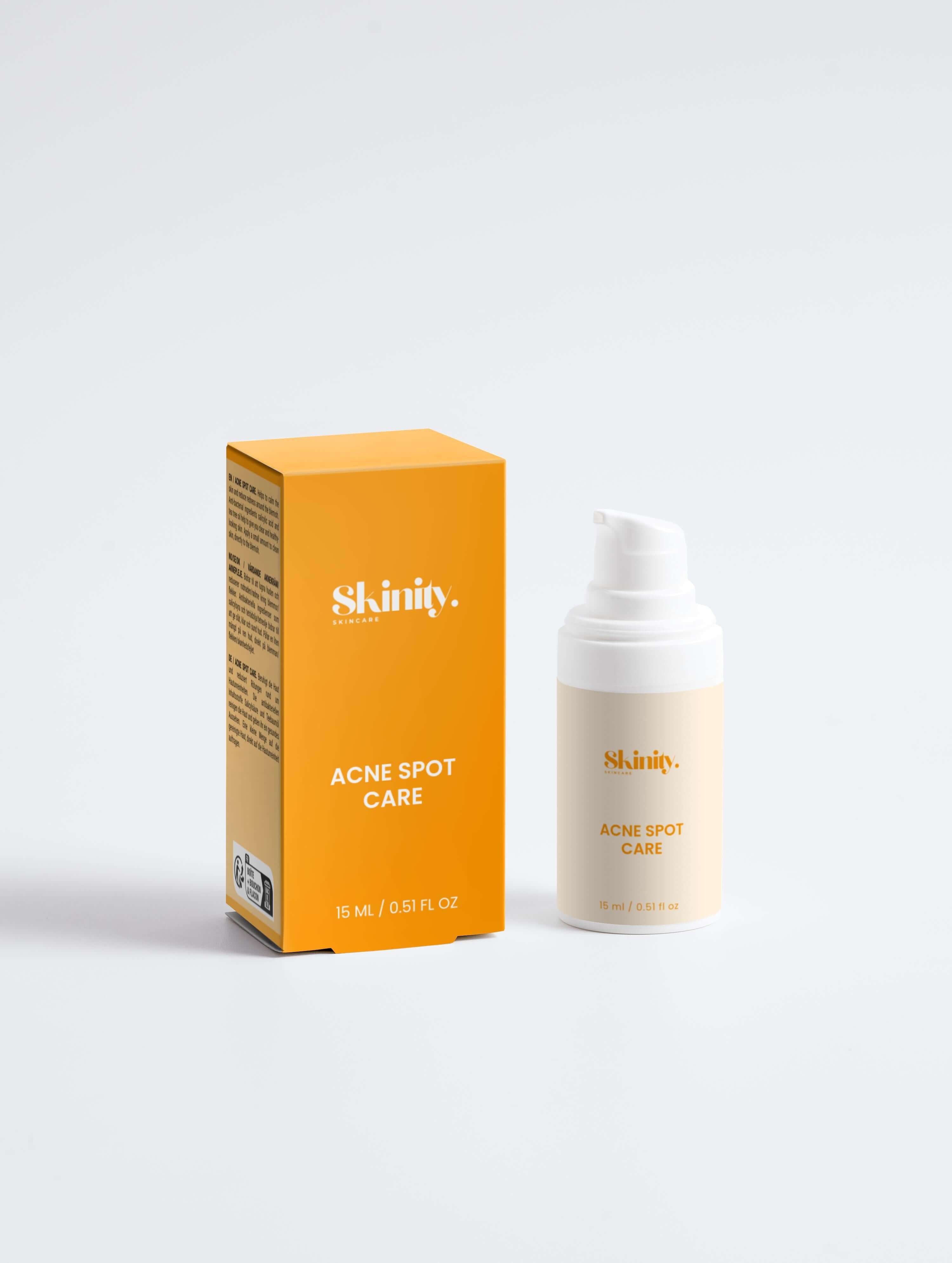 Acne Spot Care Serum for all Skin Types packaged in a sleek bottle and box, designed for effective blemish treatment.