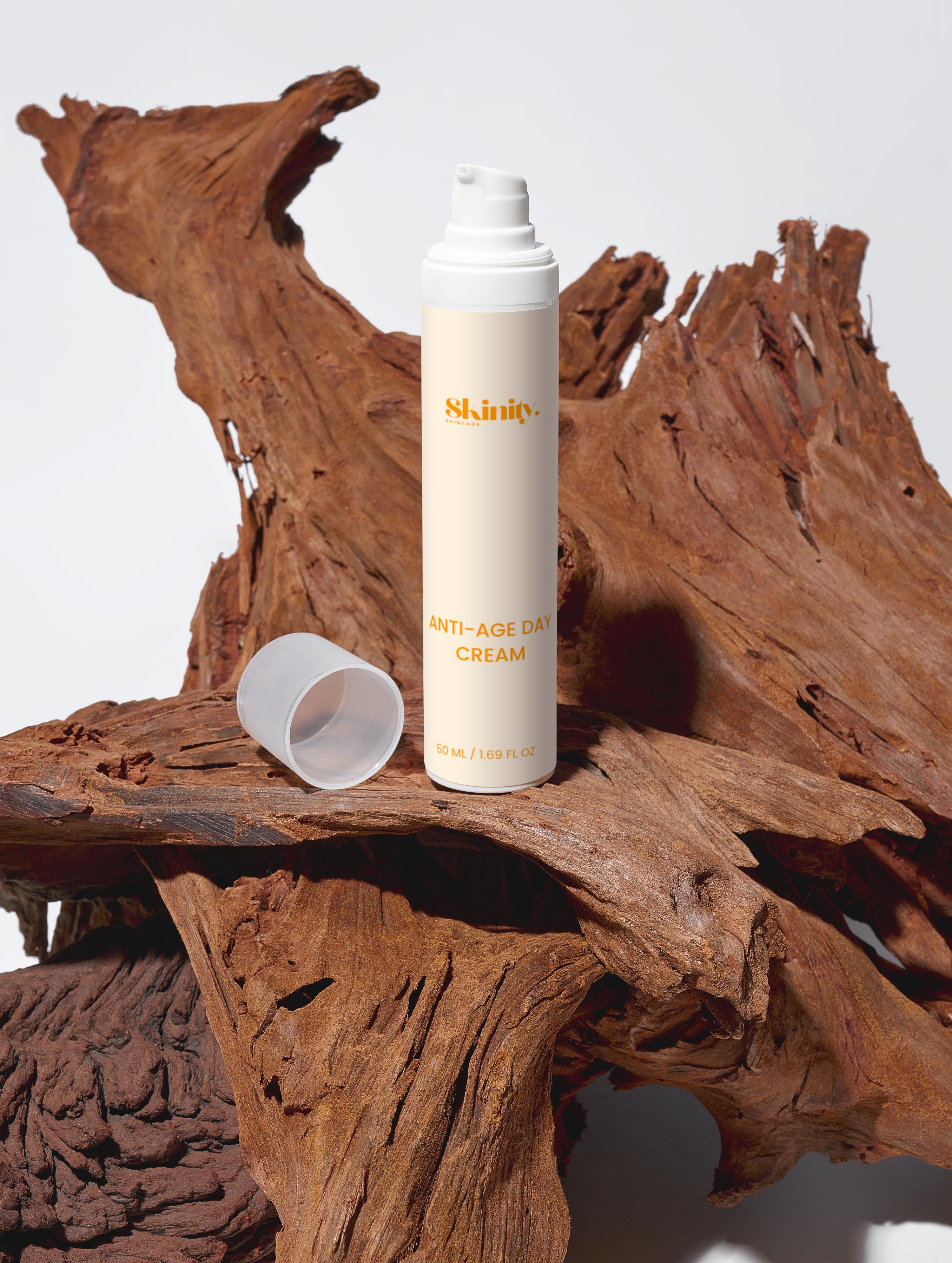 Anti-Age Day Cream For All Skin displayed on natural wood background, showcasing its eco-friendly packaging.
