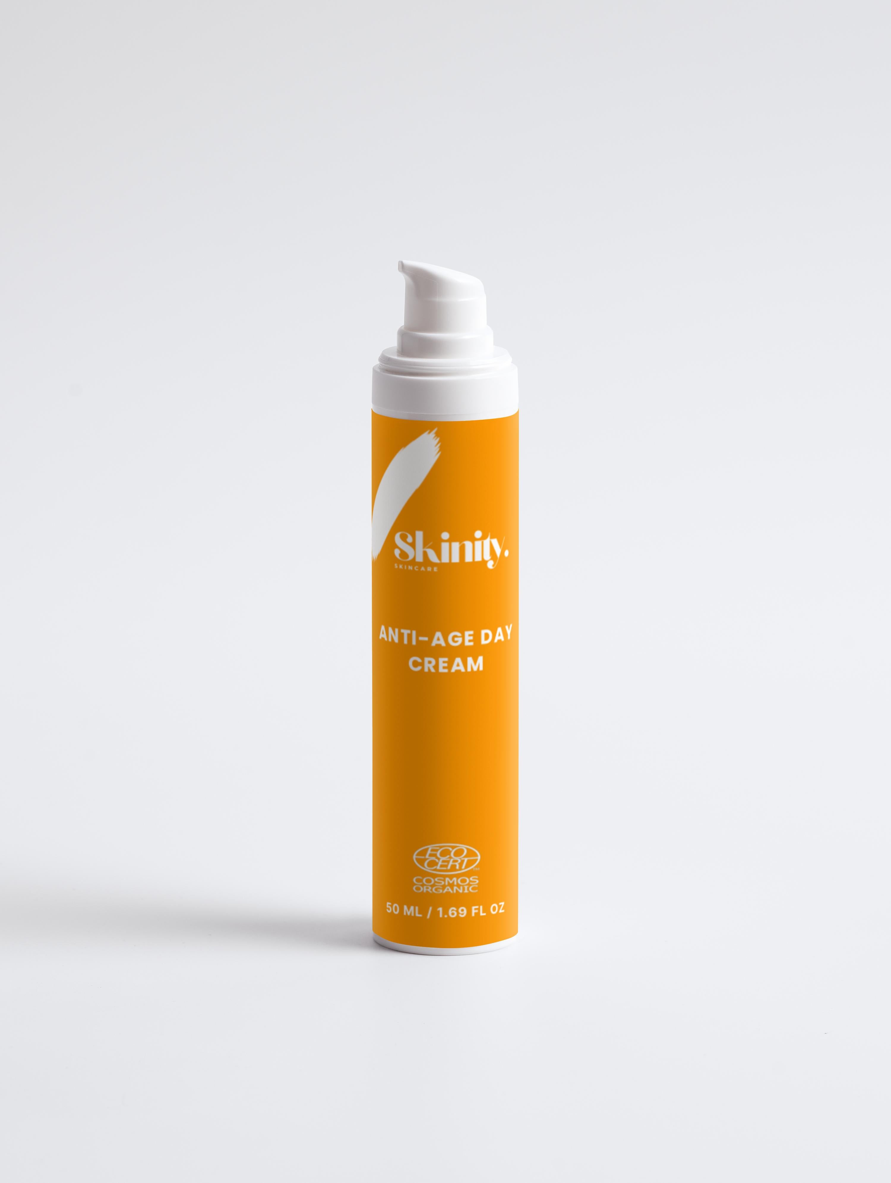 Anti-Age Day Cream For All Skin in a vibrant orange packaging, delivering hydration and smoothness for youthful skin.