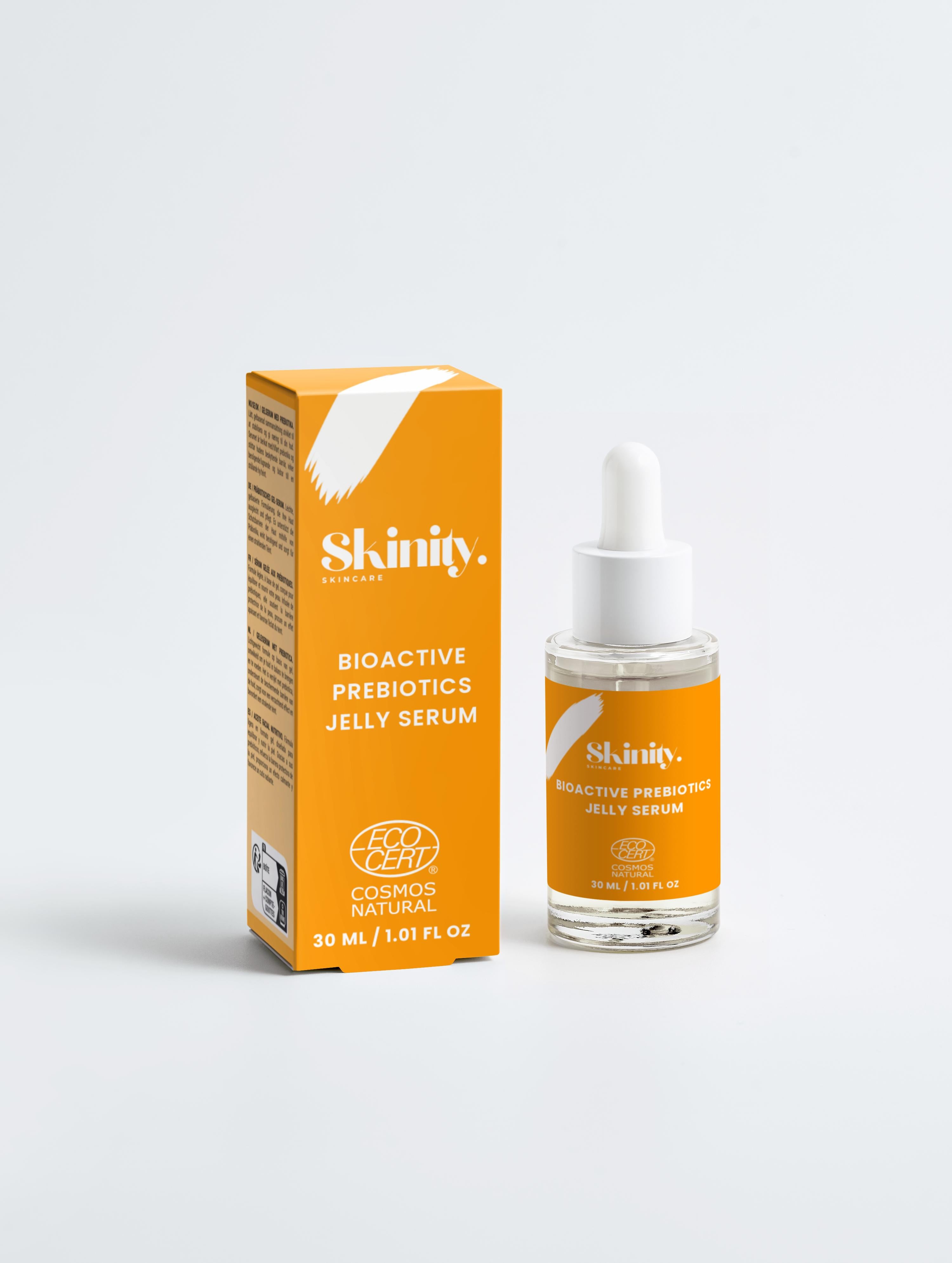 Bioactive Prebiotics Jelly Serum in an orange box with dropper, certified vegan and cruelty-free skincare.