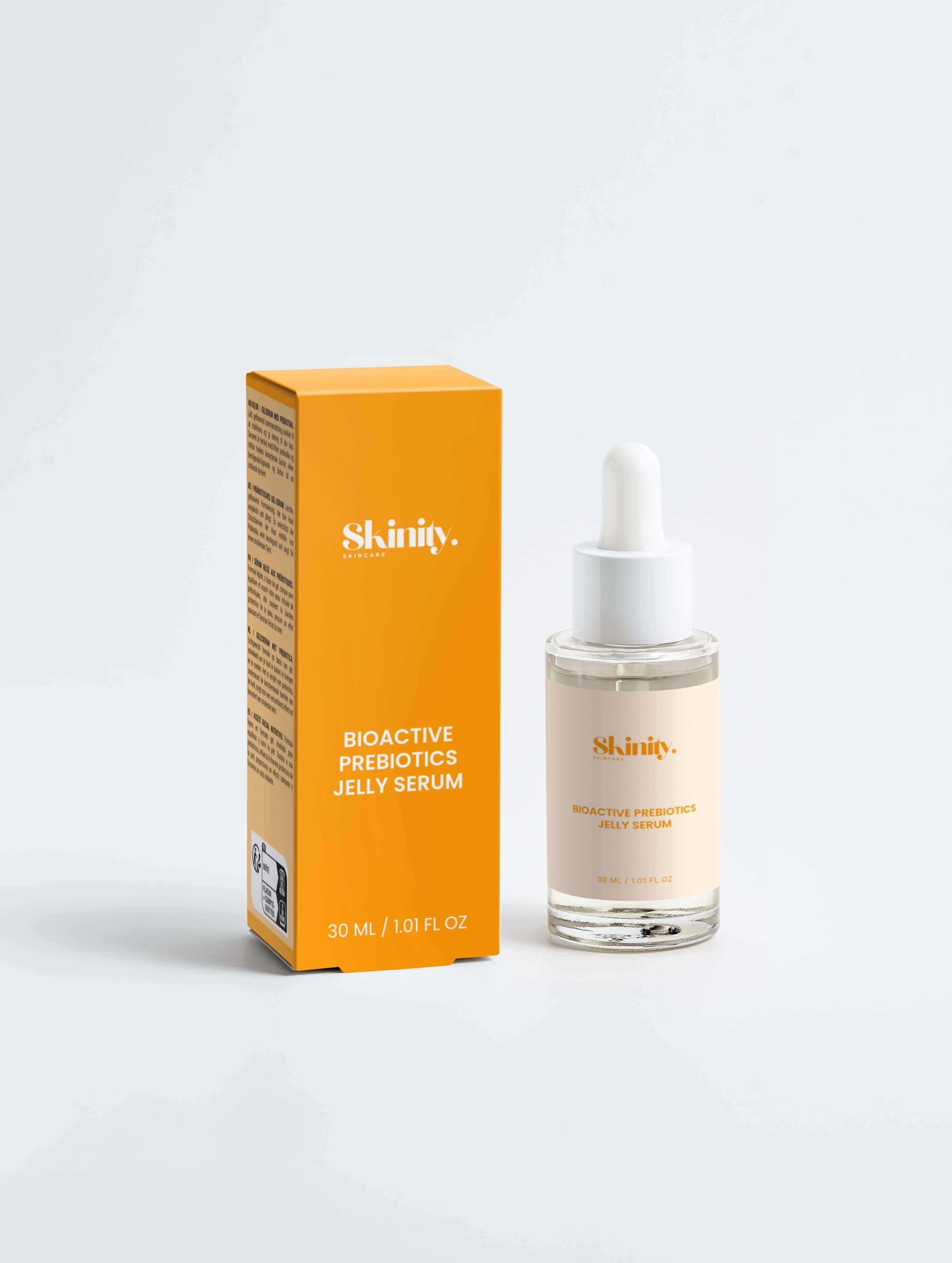 Bioactive Prebiotics Jelly Serum in a bottle and box, highlighting its vegan and cruelty-free qualities.