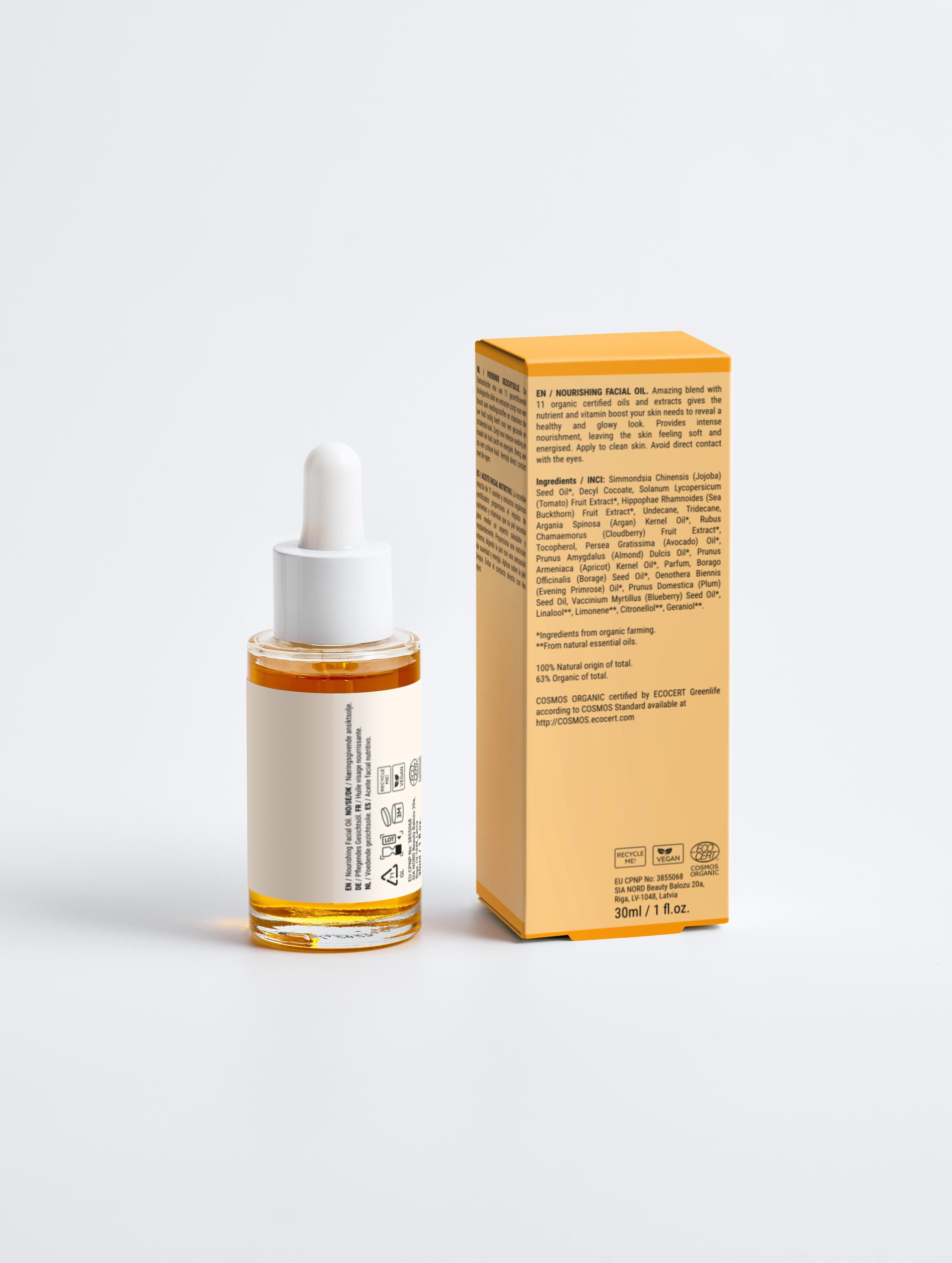 Nourishing facial oil for all skin in a glass dropper bottle with a yellow box packaging, certified vegan and cruelty-free.