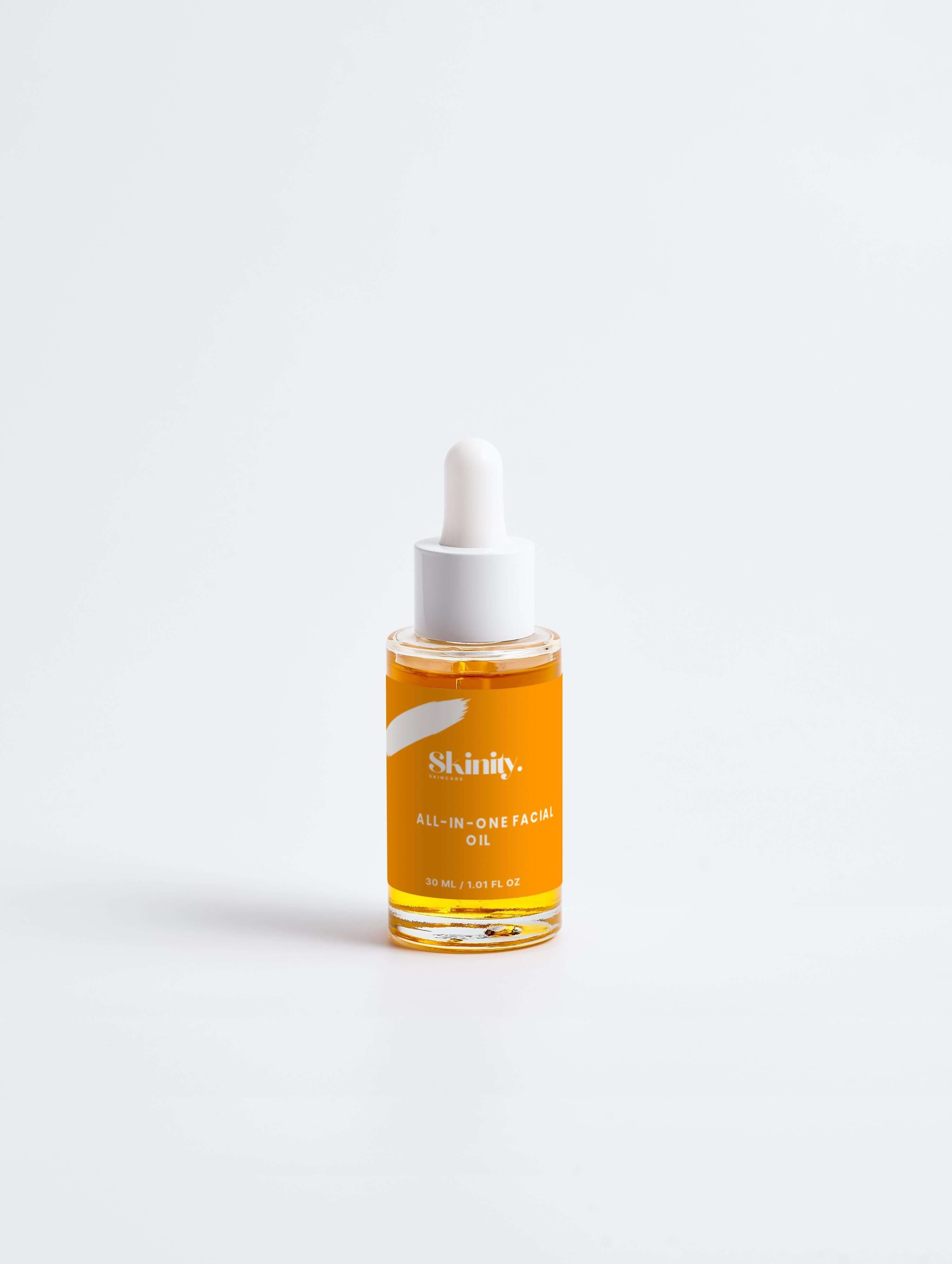 All-In-One Facial Oil for all skincare in a dropper bottle, nourishing and hydrating for radiant skin.