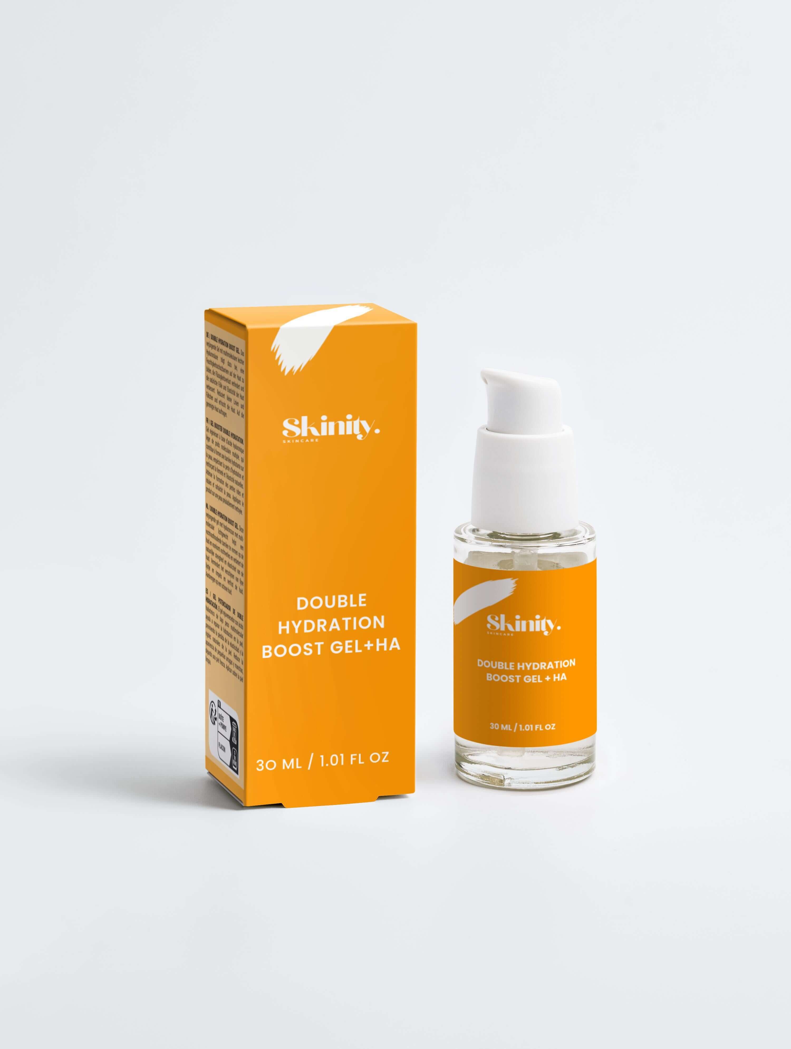 Product image of Double Hydration Boost Gel + HA with packaging and bottle.