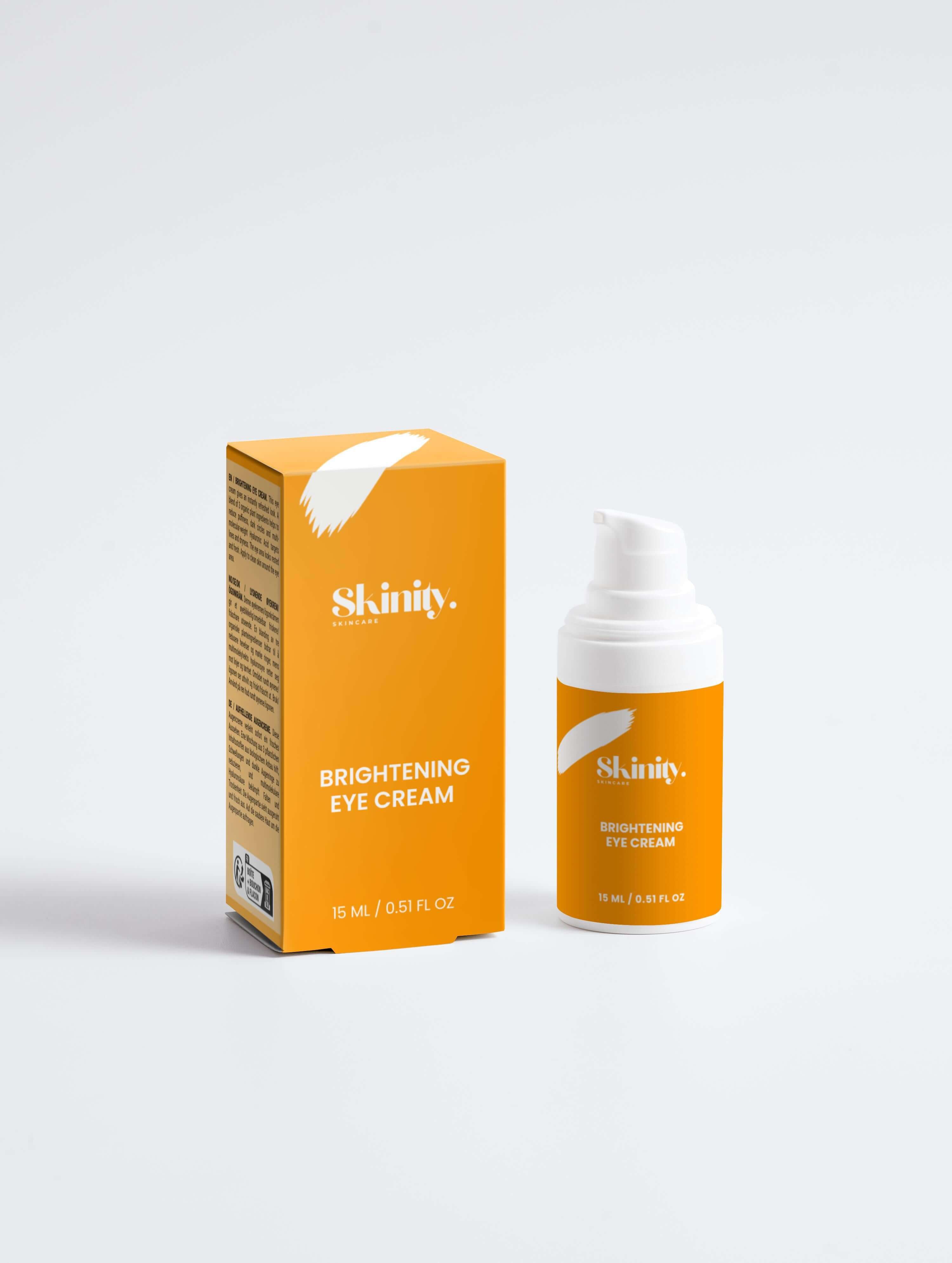 Brightening Eye Cream for All Skincare product in a vibrant orange box and pump bottle on a clean background.