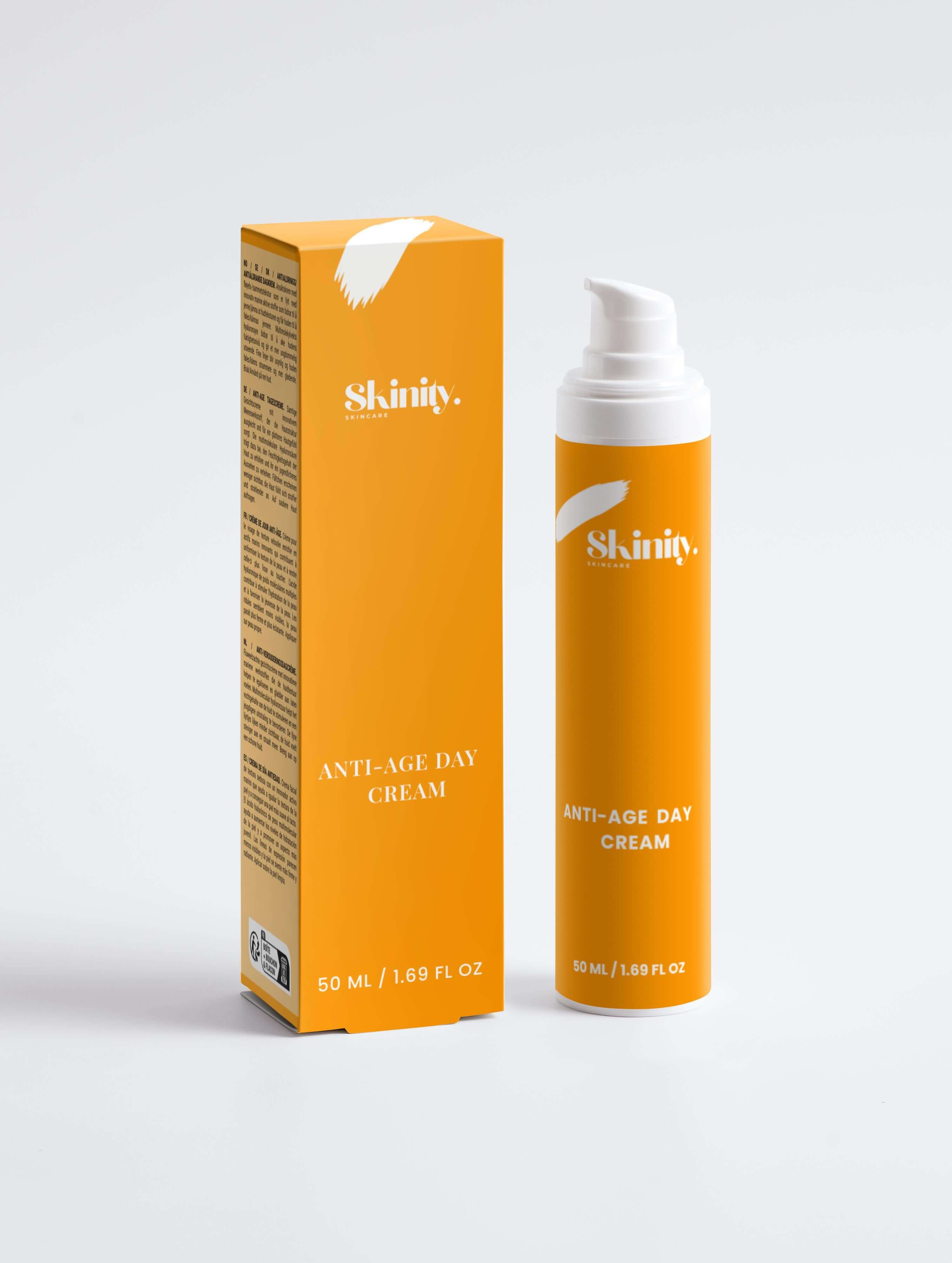 Anti-Age Day Cream For All Skin in a vibrant orange packaging and bottle, ideal for smoothing fine lines and hydration.