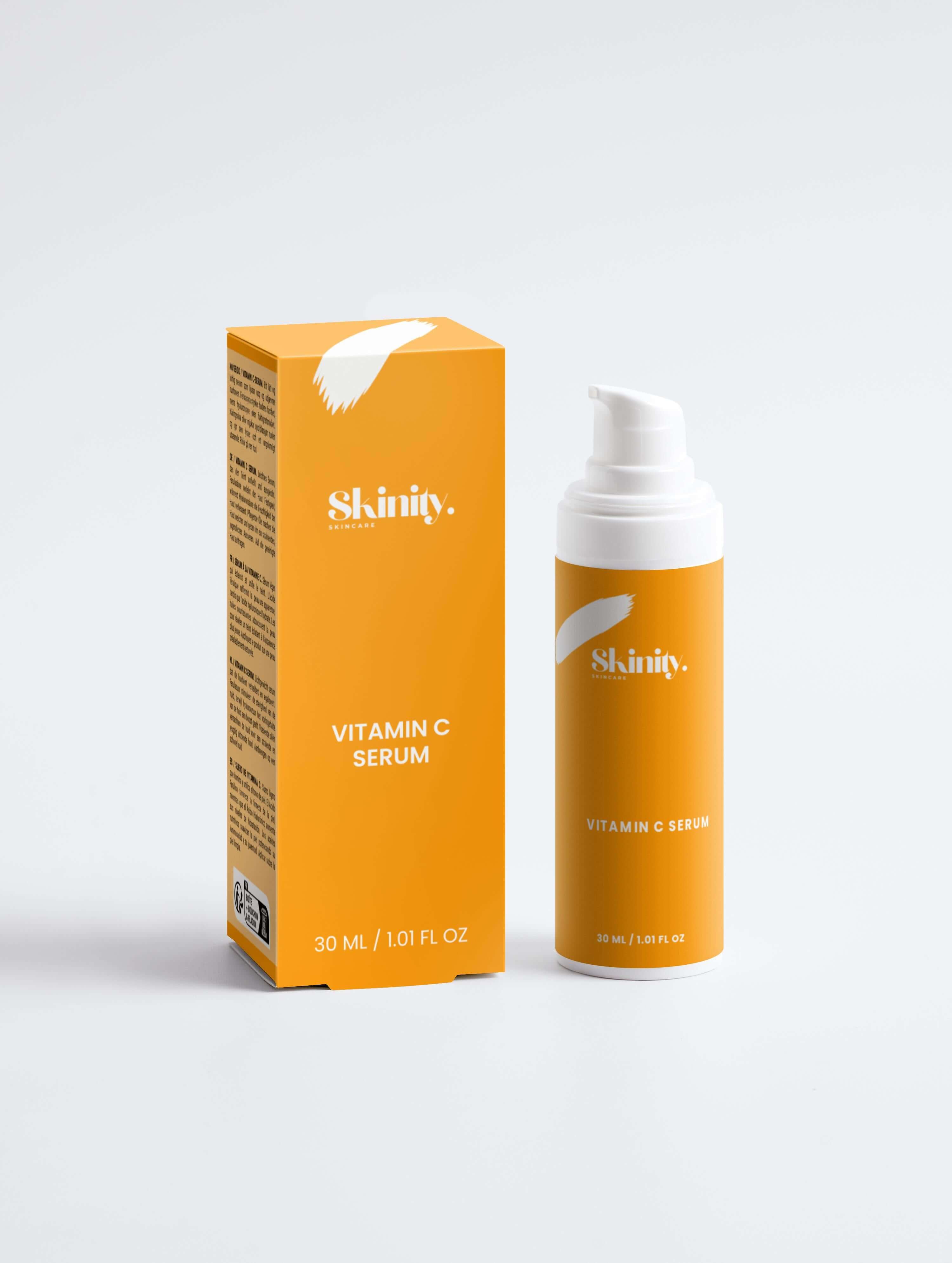 Vitamin C Serum for all skincare bottle and packaging, 30 ml size with bright orange design.
