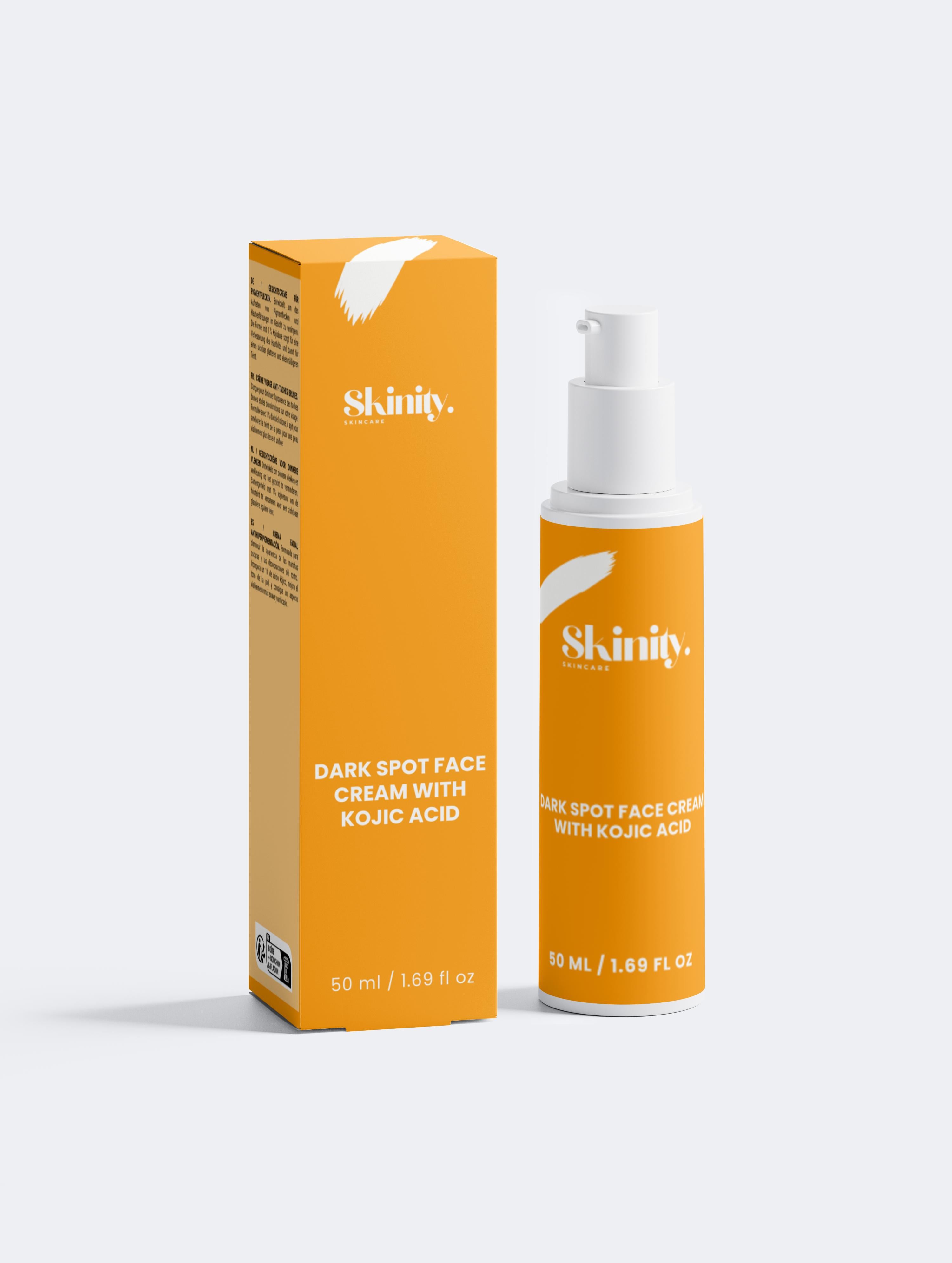 Dark Spot Face Cream with Kojic Acid packaging and pump bottle on white background.