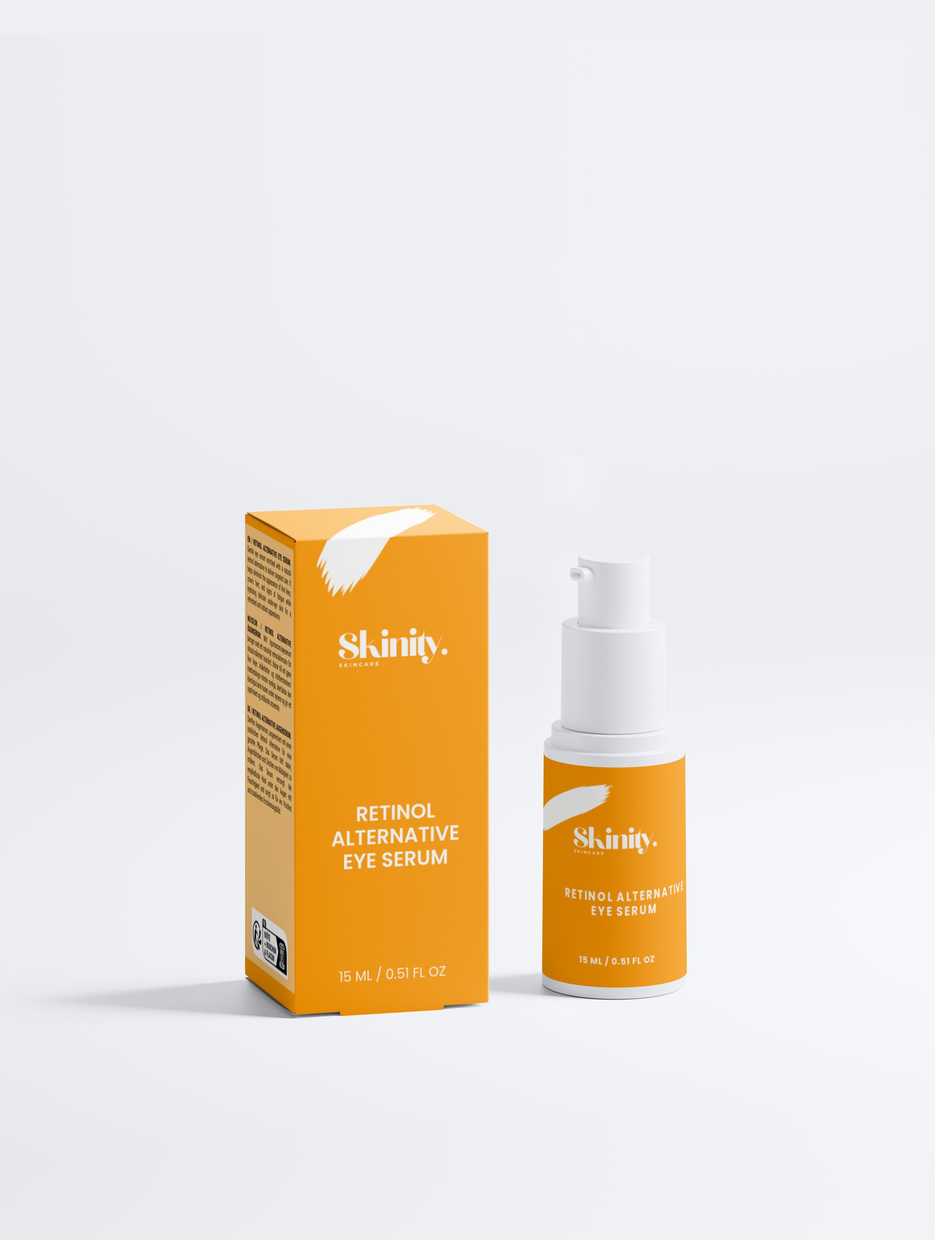 Natural retinol alternative eye serum in a sleek orange packaging with pump dispenser.