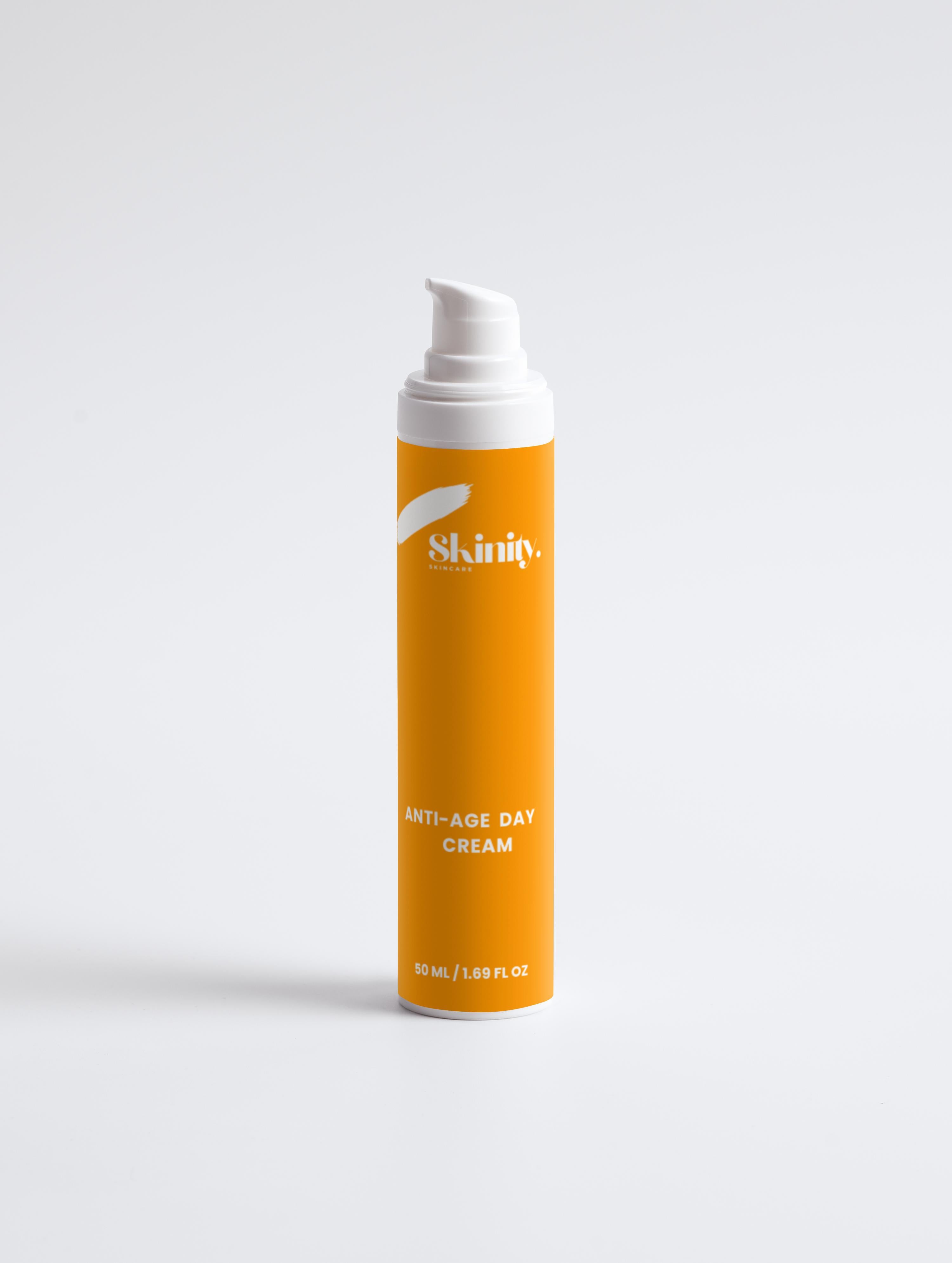 Anti-Age Day Cream For All Skin in a vibrant orange packaging with a pump dispenser.
