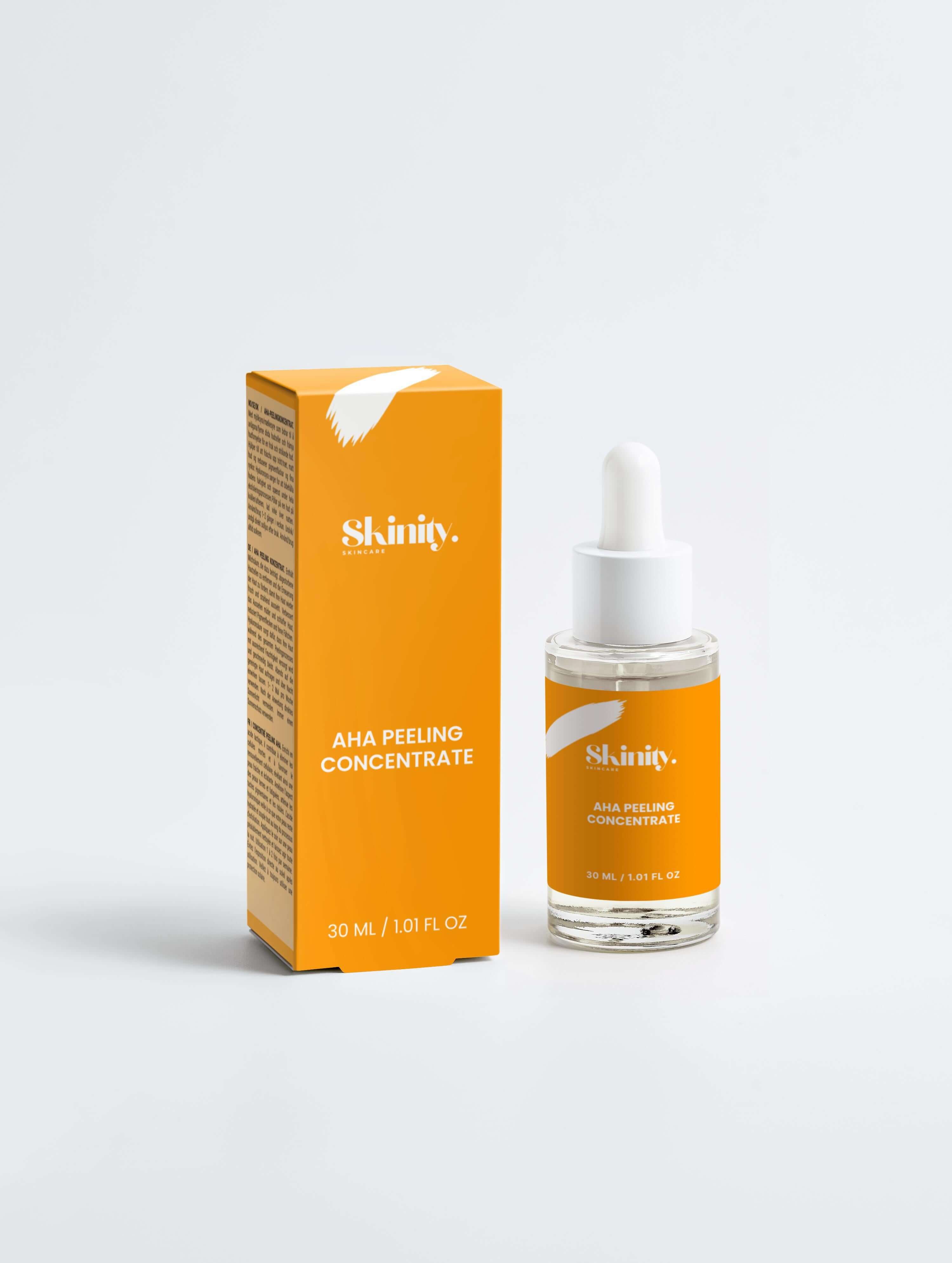 AHA Peeling Concentrate For Skincare in a glass bottle with dropper and bright orange packaging.