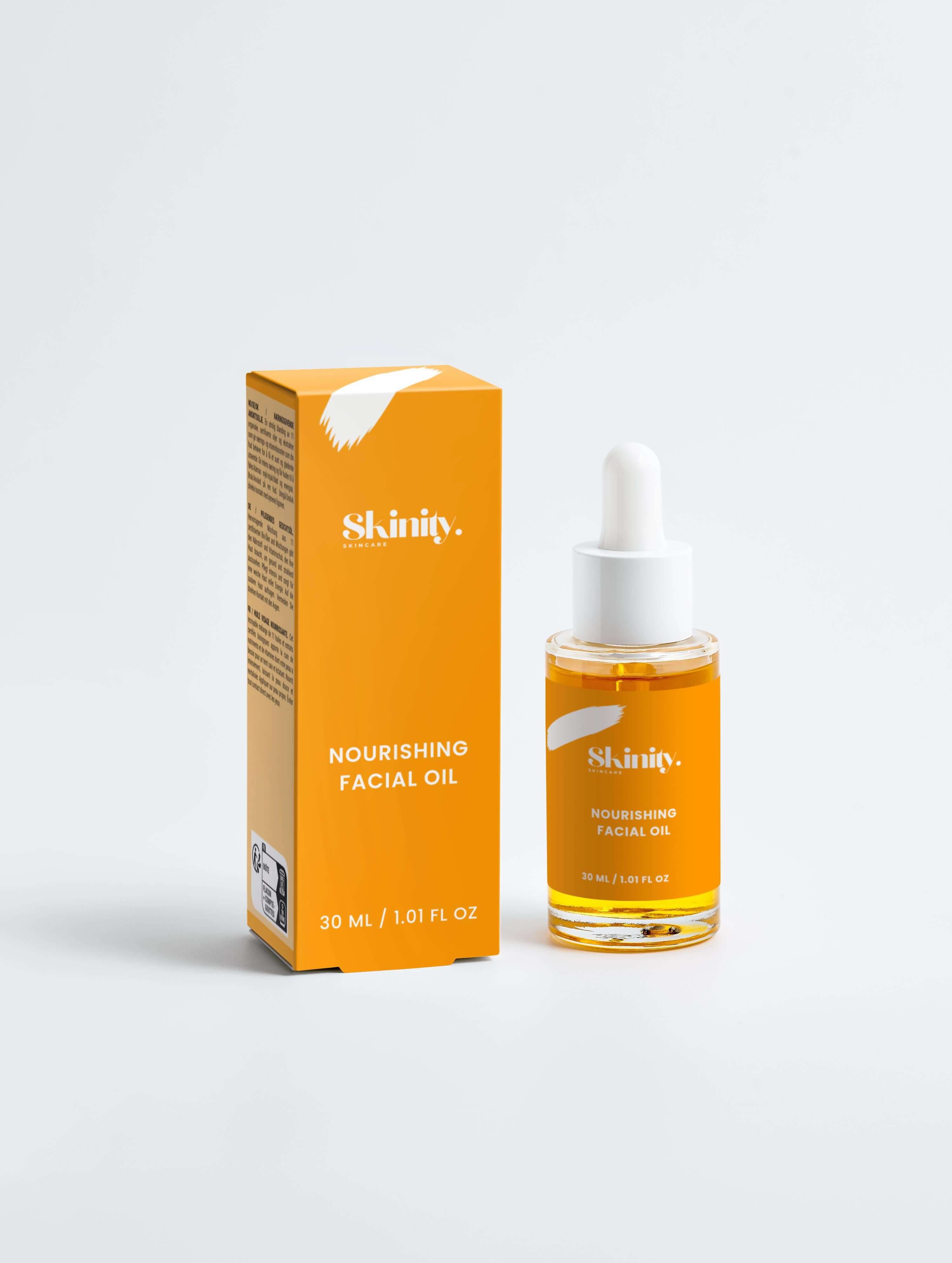 Nourishing Facial Oil For All Skin in a stylish bottle with a vibrant orange box, 30 mL size.
