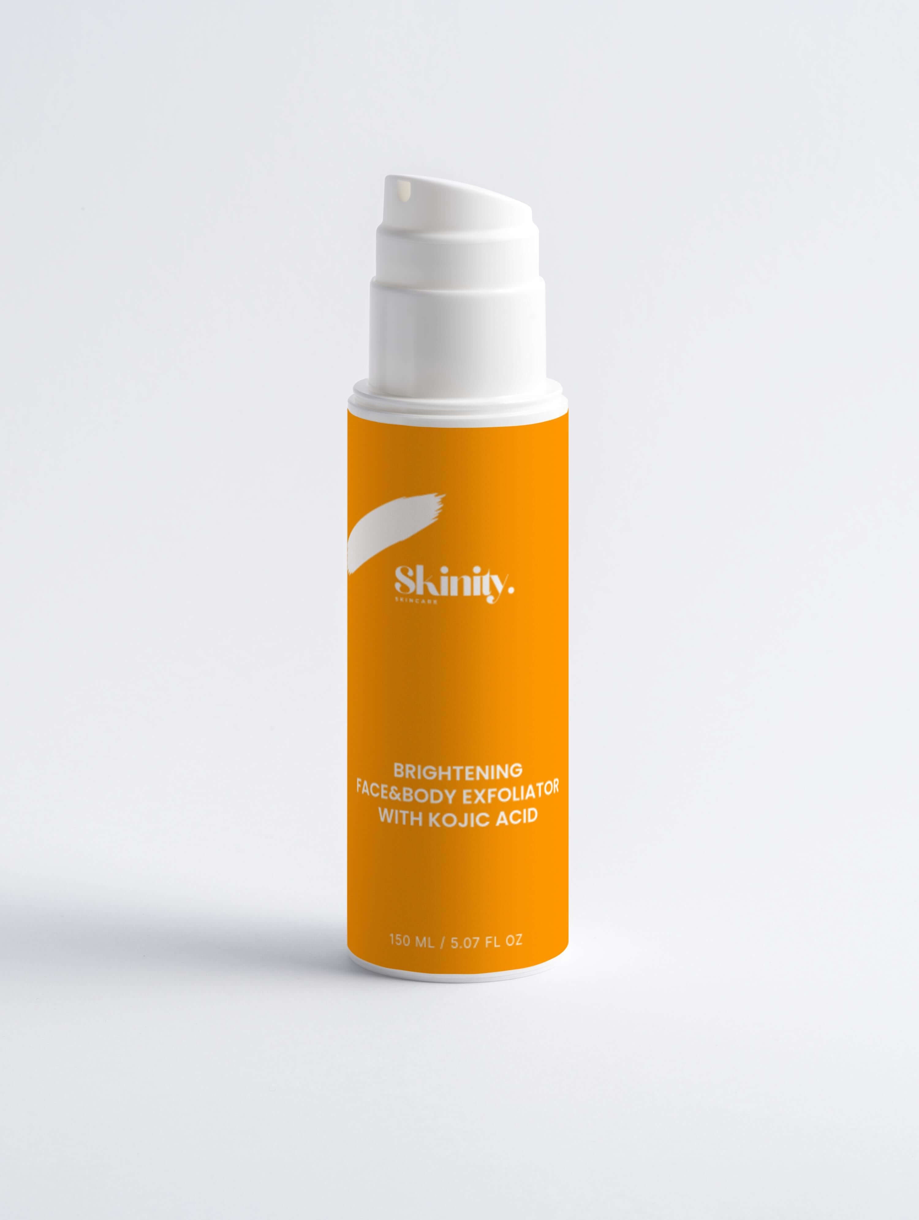 Brightening face and body exfoliator with kojic acid in eco-friendly packaging for radiant skin.