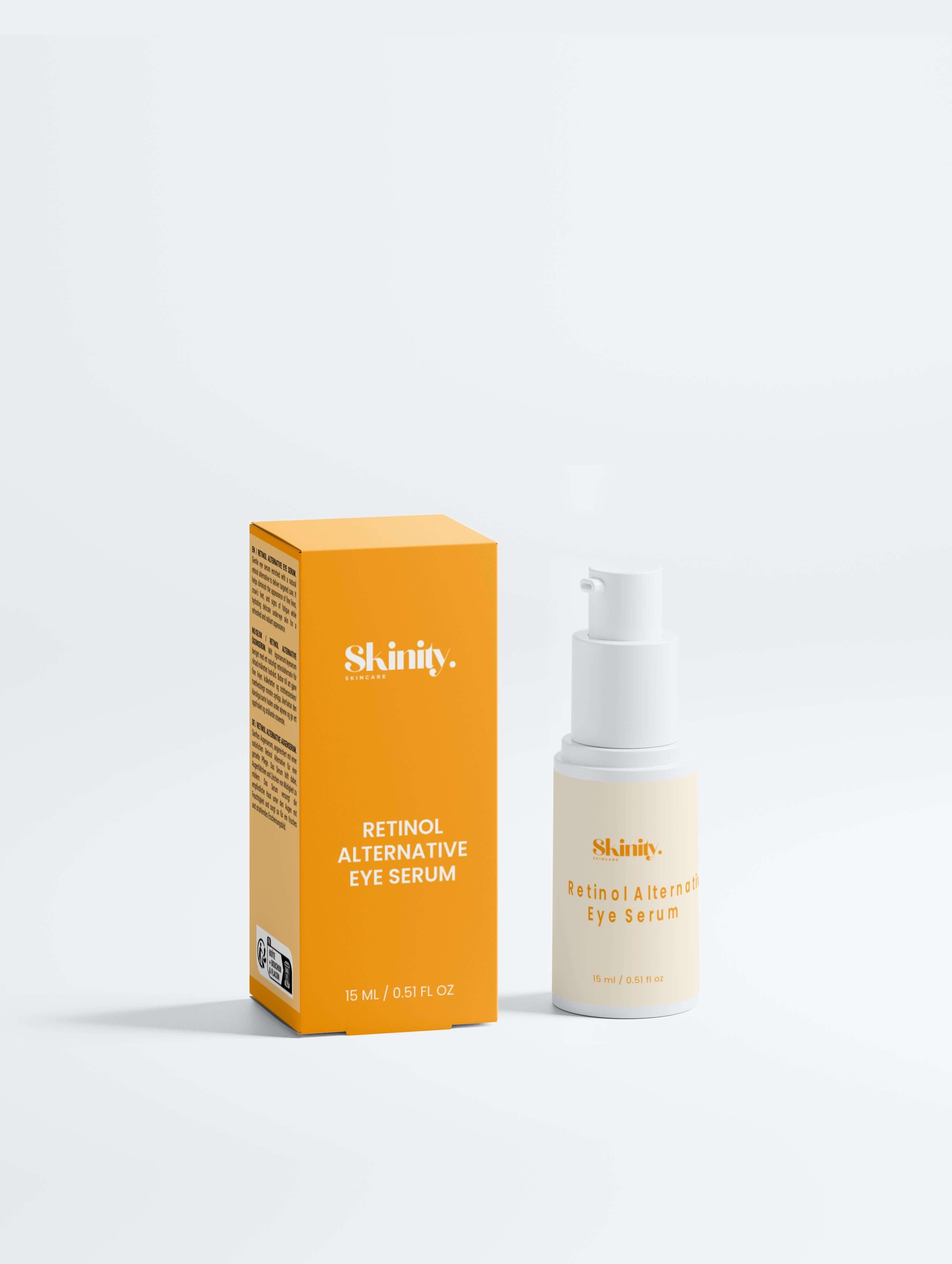Natural retinol alternative eye serum in a sleek bottle alongside its vibrant packaging.