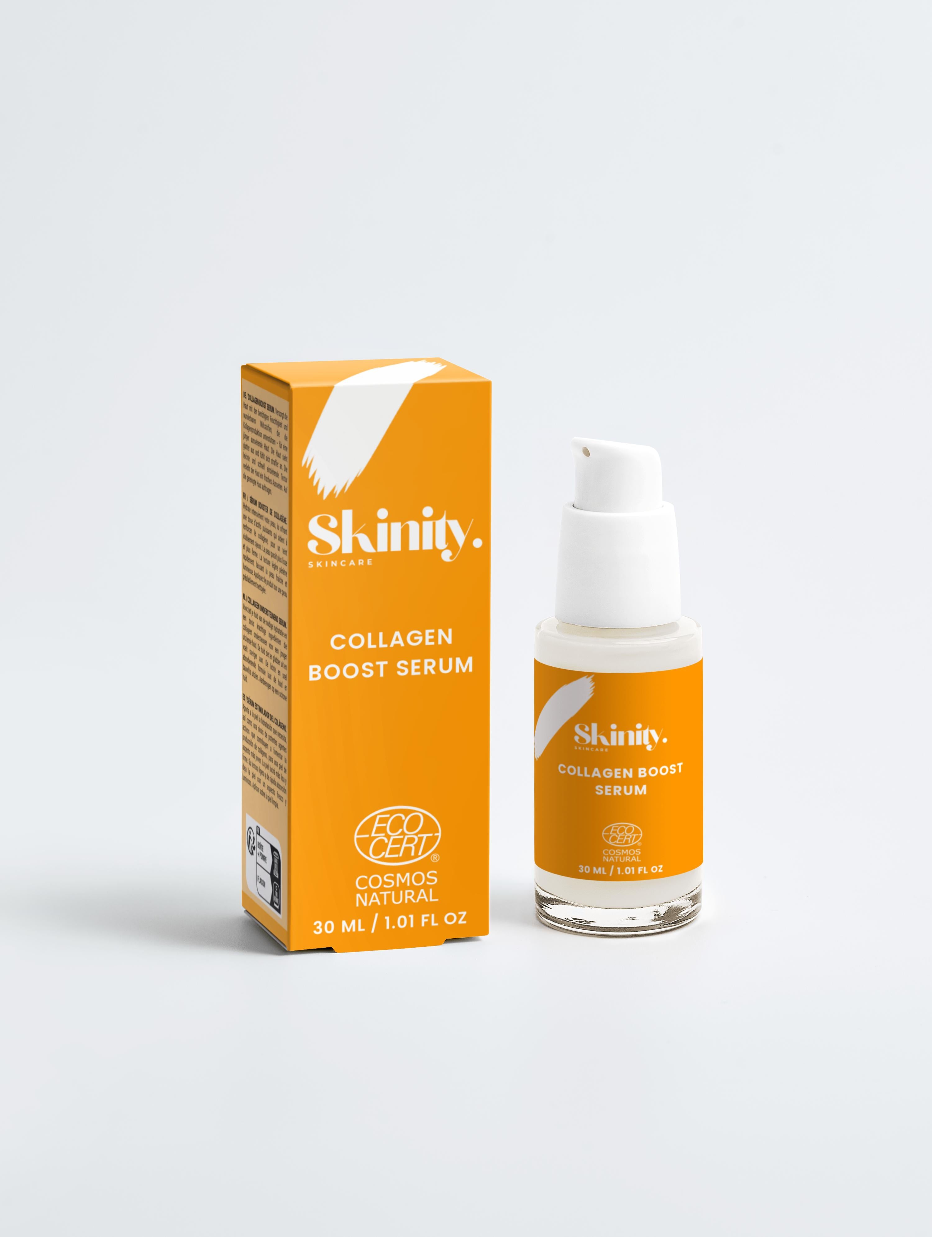 Collagen Boost Serum for All Skin in a clear bottle next to its orange packaging, highlighting smooth and youthful skin benefits.