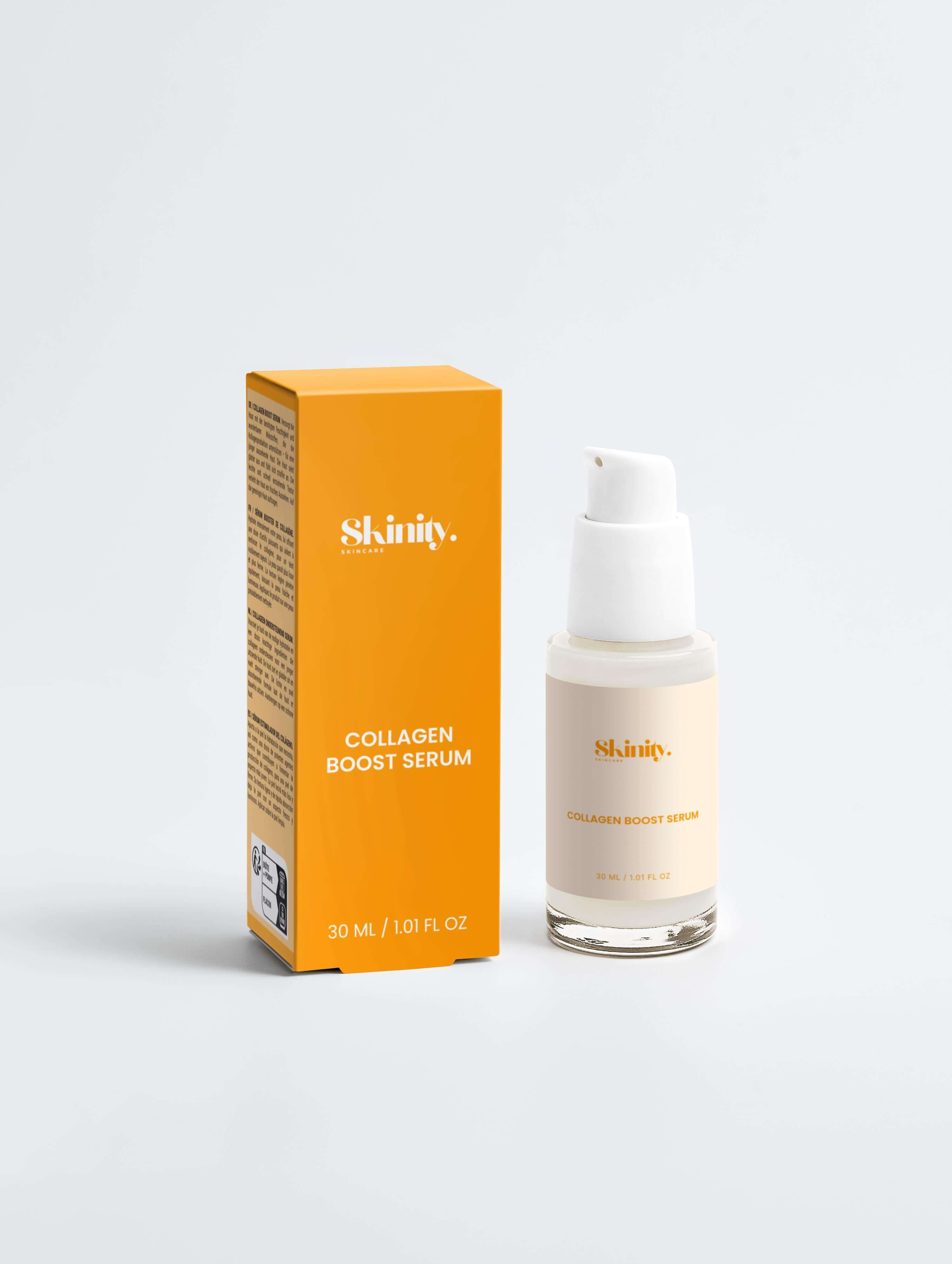 Collagen boost serum for all skin in a bottle and box packaging, promoting smoothness and youthful glow.