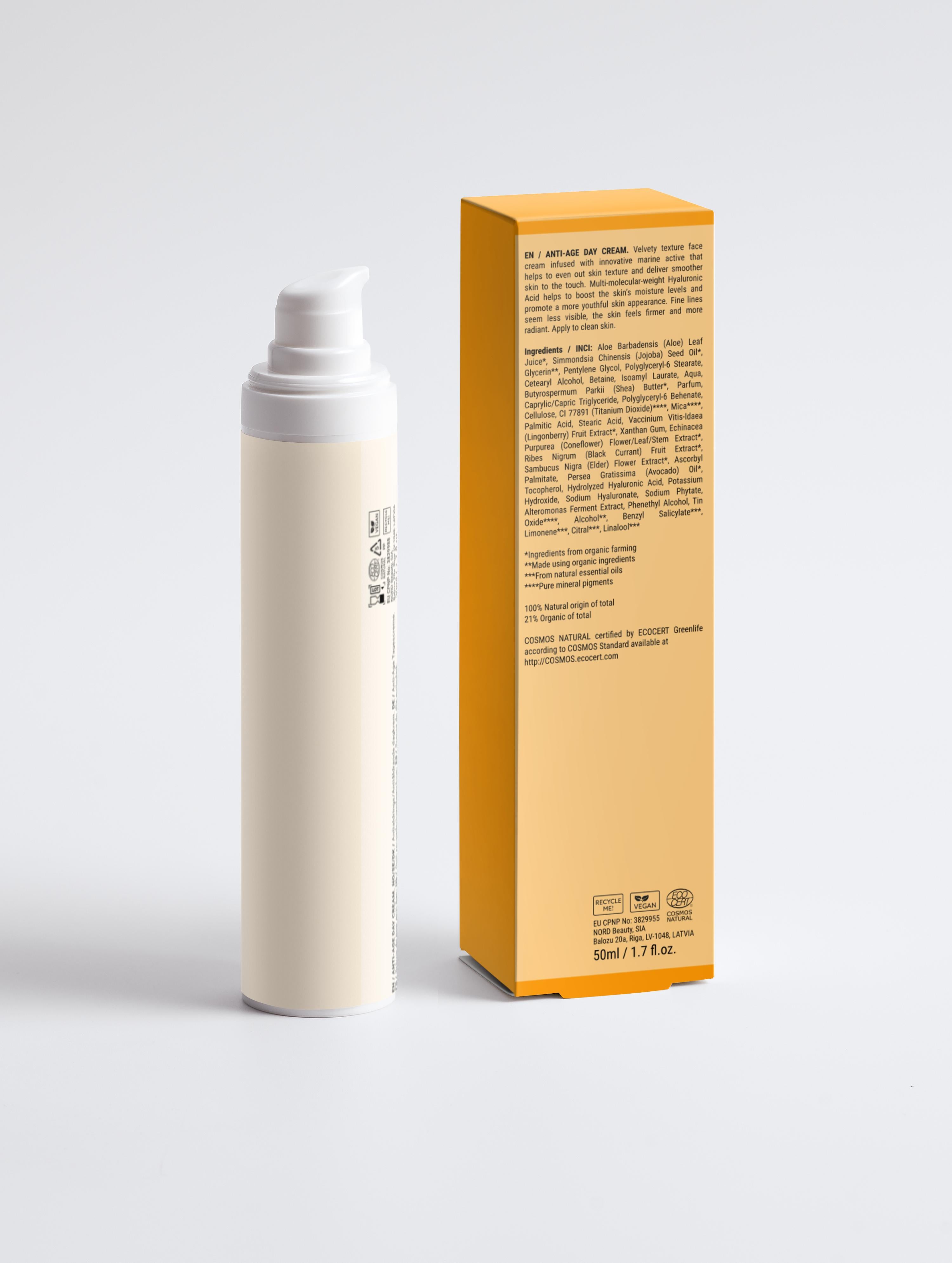 Anti-Age Day Cream For All Skin package and product bottle showing certified quality and vegan labeling.