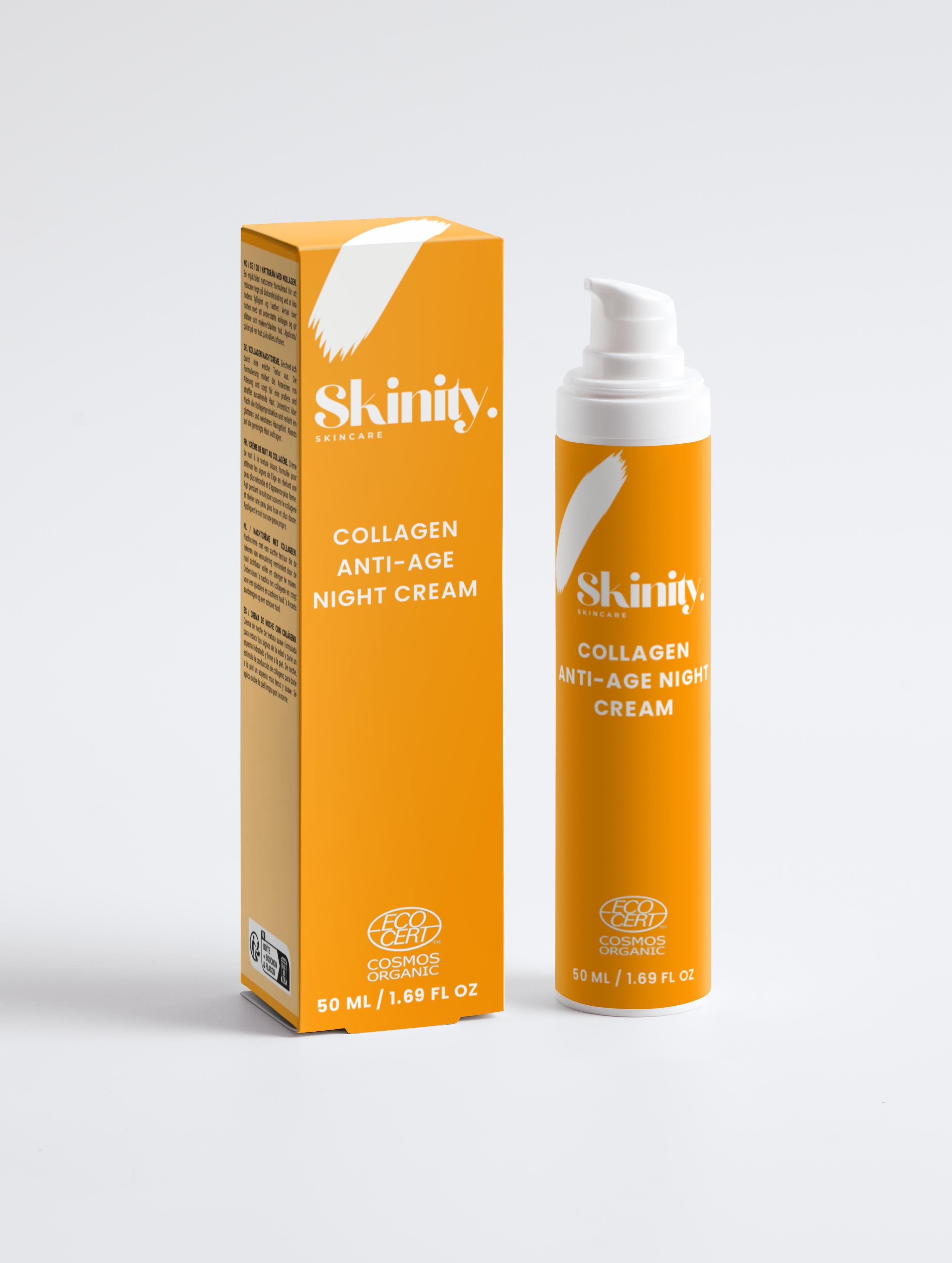 Collagen Anti-Age Night Cream for all Skin Types in an orange tube and box, ideal for overnight skin rejuvenation.