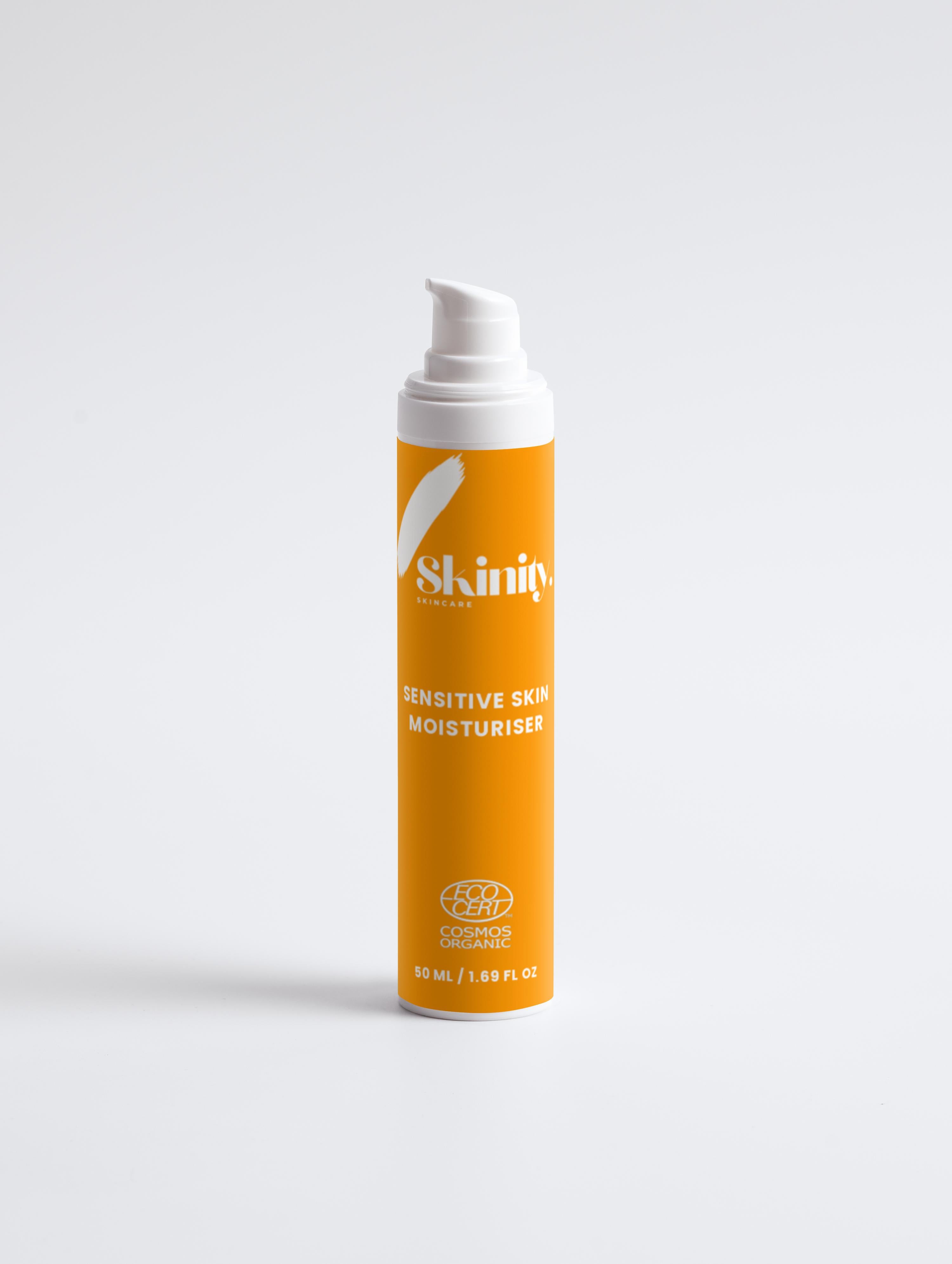 Sensitive Skin Moisturiser Fragrance Free in a sleek orange bottle for gentle hydration.