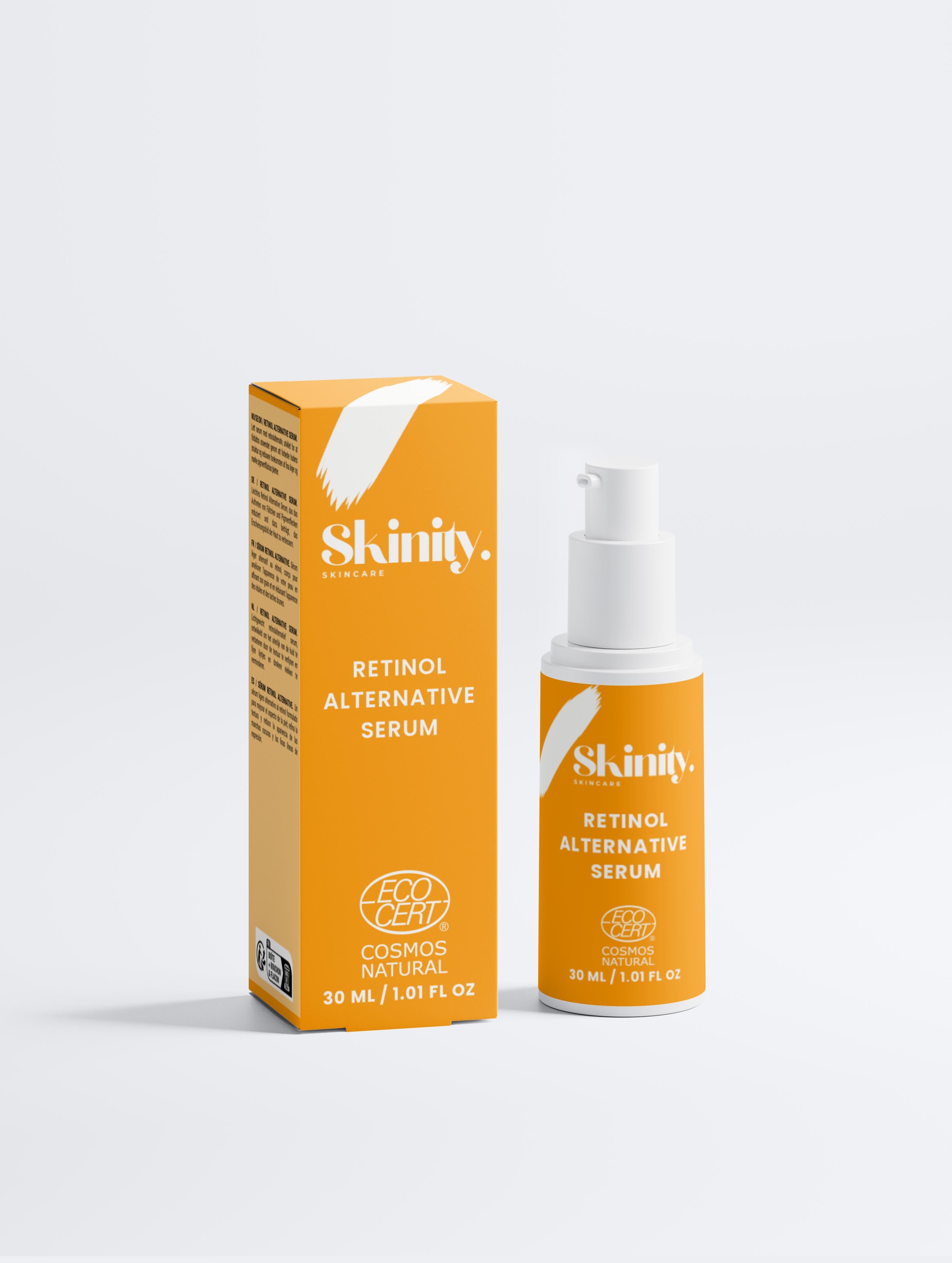 Retinol Alternative Serum For All Skin in a stylish orange packaging with pump bottle, ECOCERT certified and vegan.