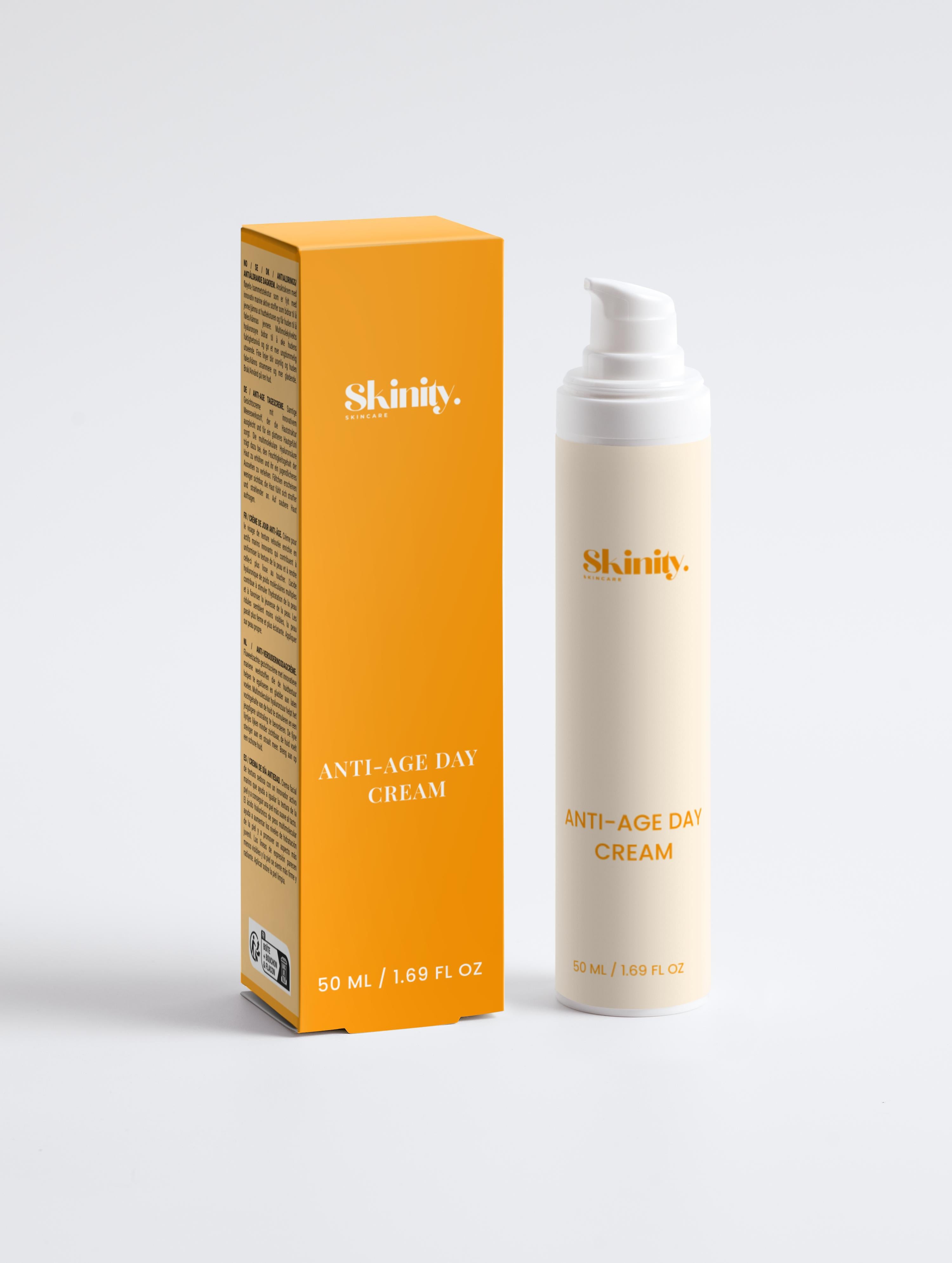 Anti-Age Day Cream For All Skin in a sleek white bottle with a yellow box, ideal for hydrating and smoothing skin.
