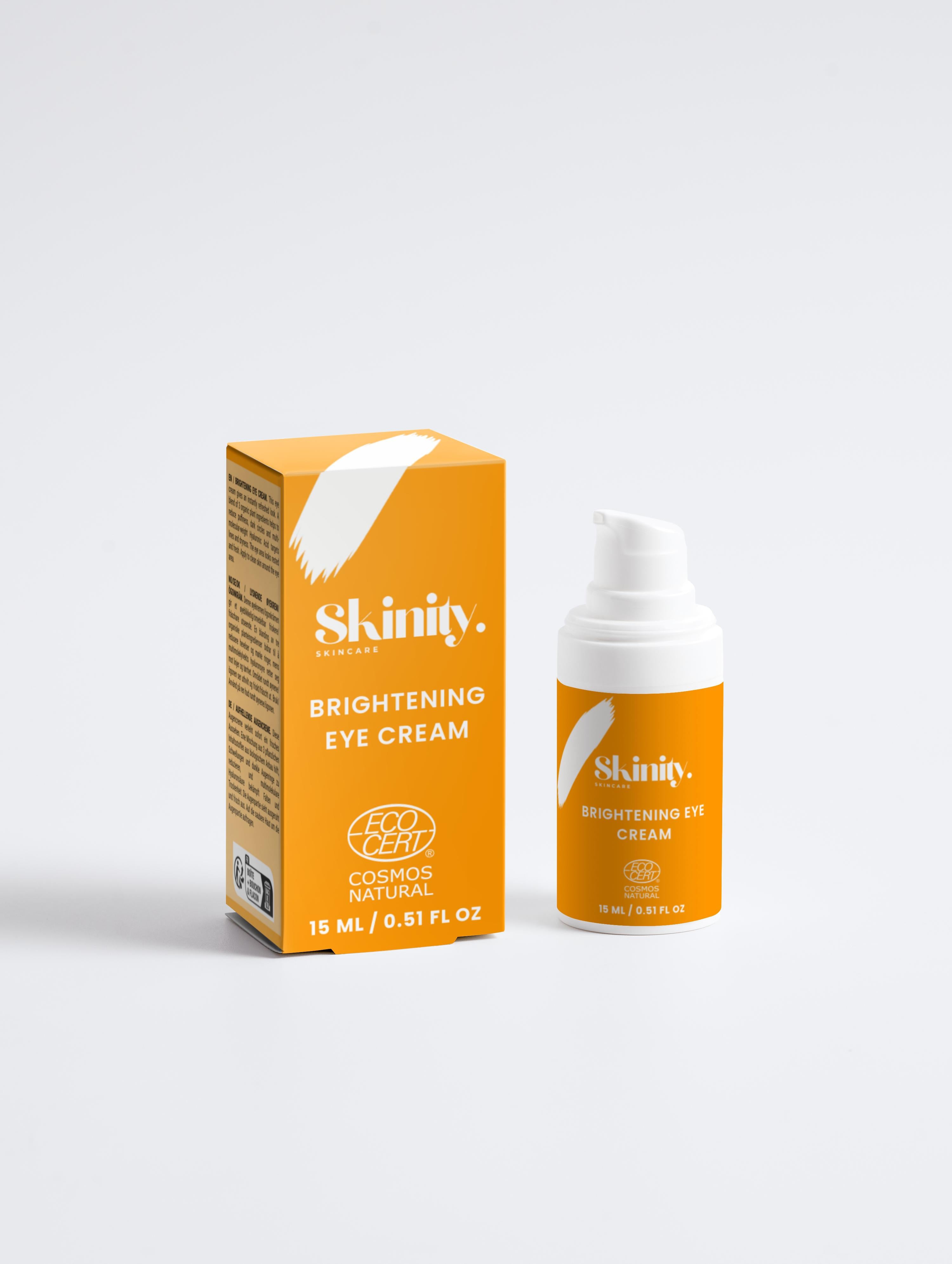 Brightening Eye Cream for All skincare in orange packaging with pump bottle design and ECOCERT logo.
