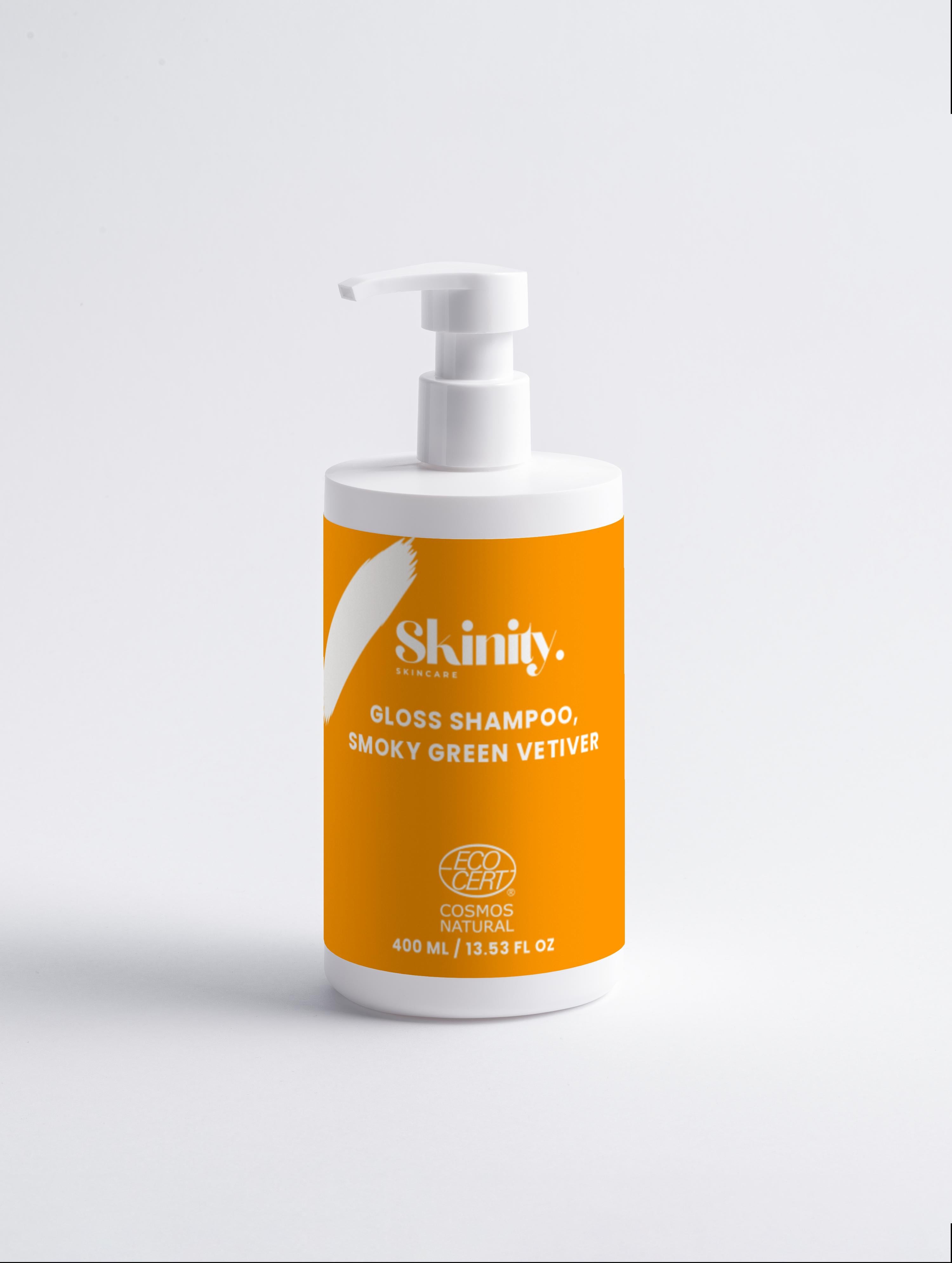 Gloss Shampoo Smoky Green Vetiver bottle against a plain background, showcasing its eco-friendly features.