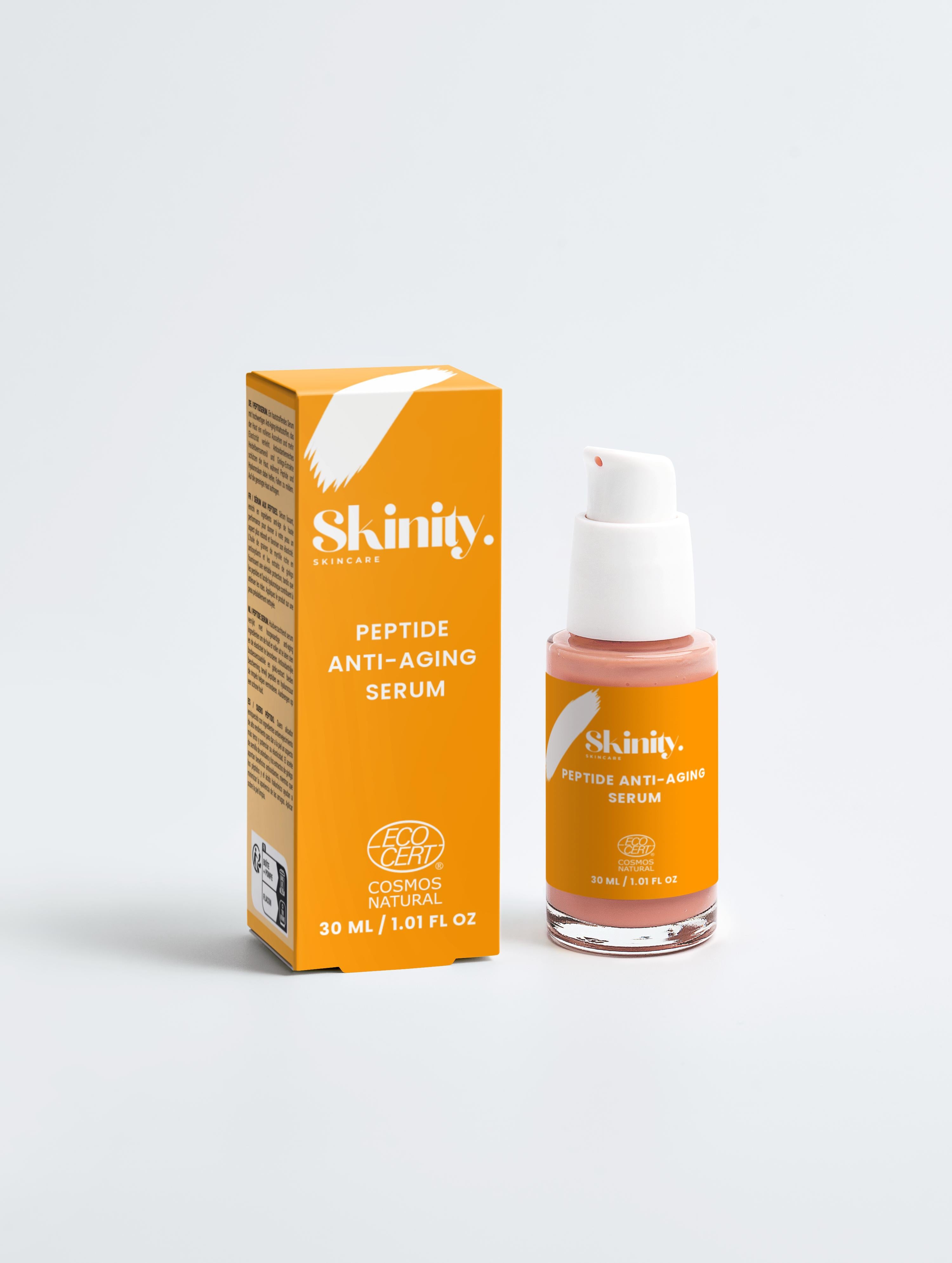 Peptide Anti-Aging Serum for All skincare in a bottle with an orange box design showcasing eco-friendly attributes.