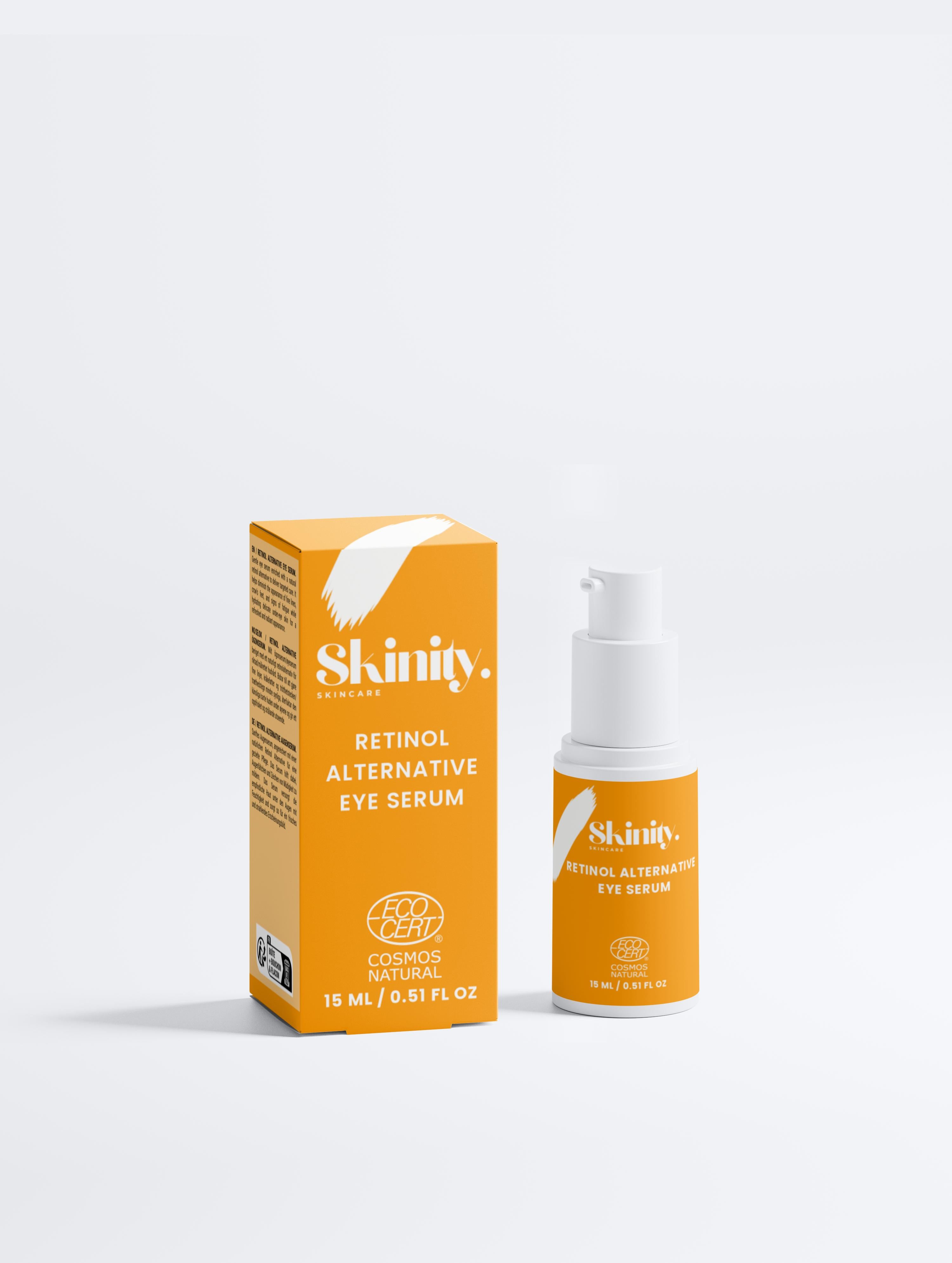 Natural retinol alternative eye serum from Skinity, in a stylish packaging with an orange design.