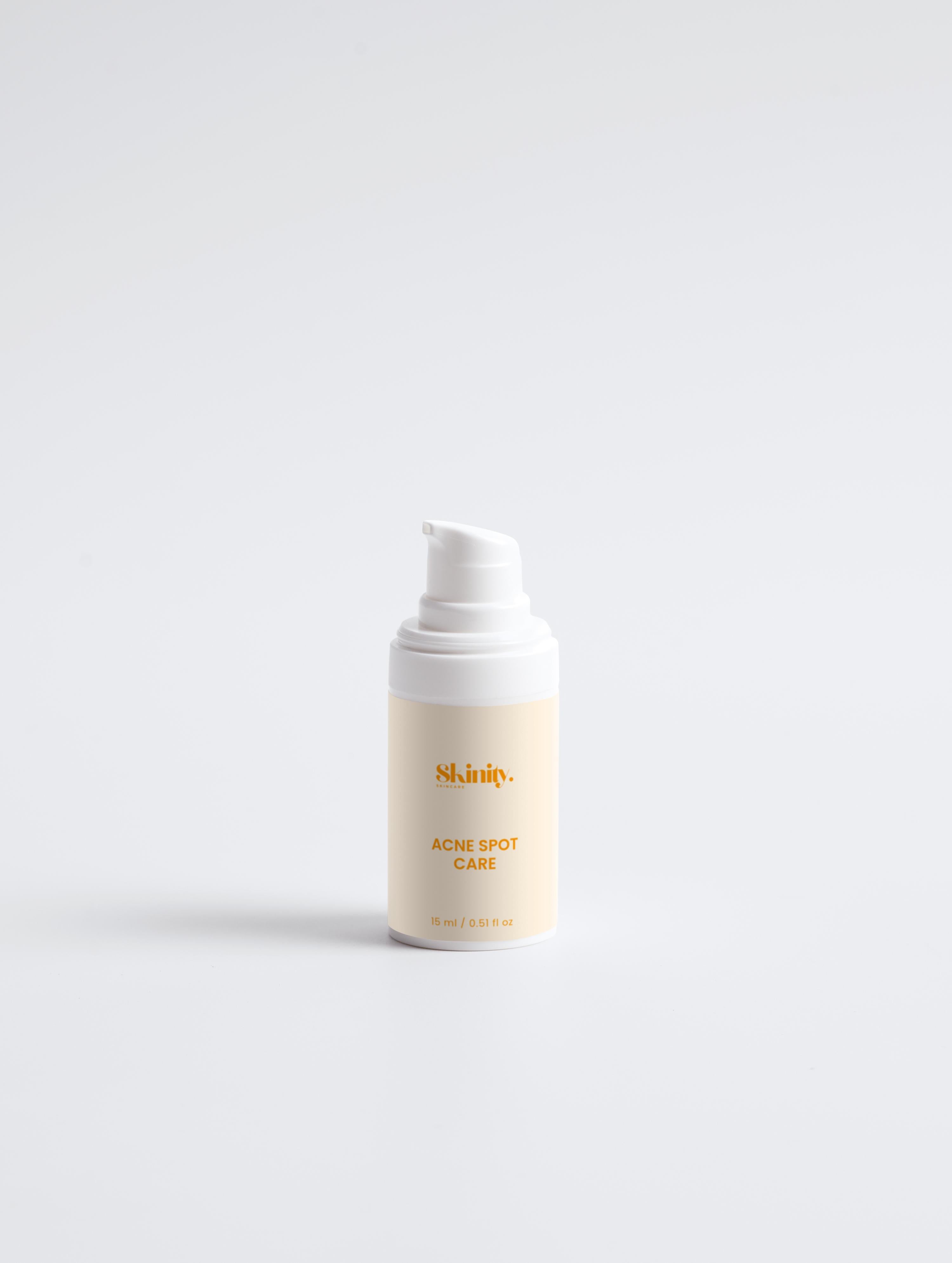 Acne Spot Care Serum for all Skin Types bottle on a plain background, designed for effective blemish treatment.