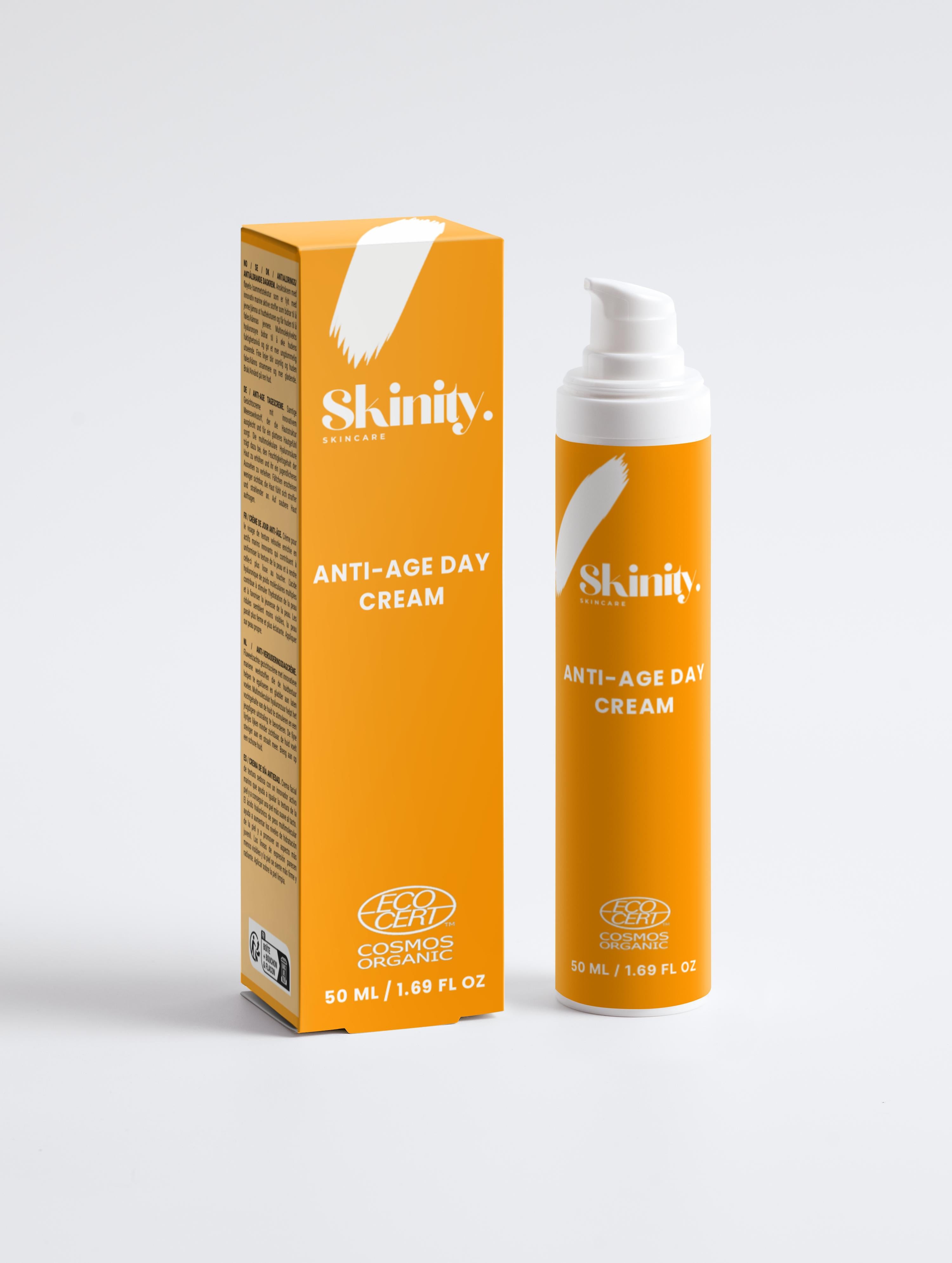 Anti-Age Day Cream For All Skin in a vibrant orange package with a pump dispenser, showcasing vegan skincare.