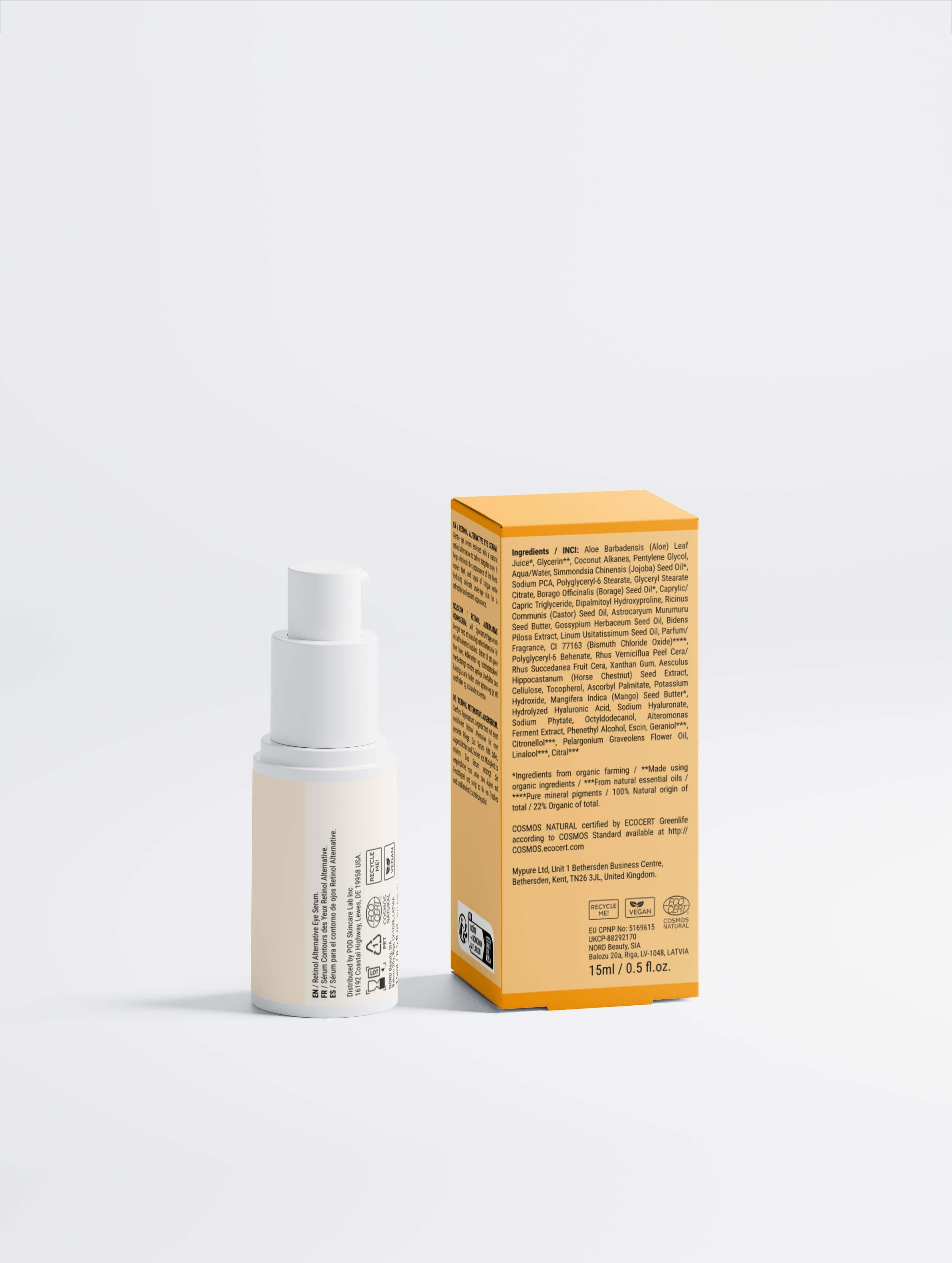 Natural retinol alternative eye serum in a pump bottle with eco-friendly packaging and ingredients list.