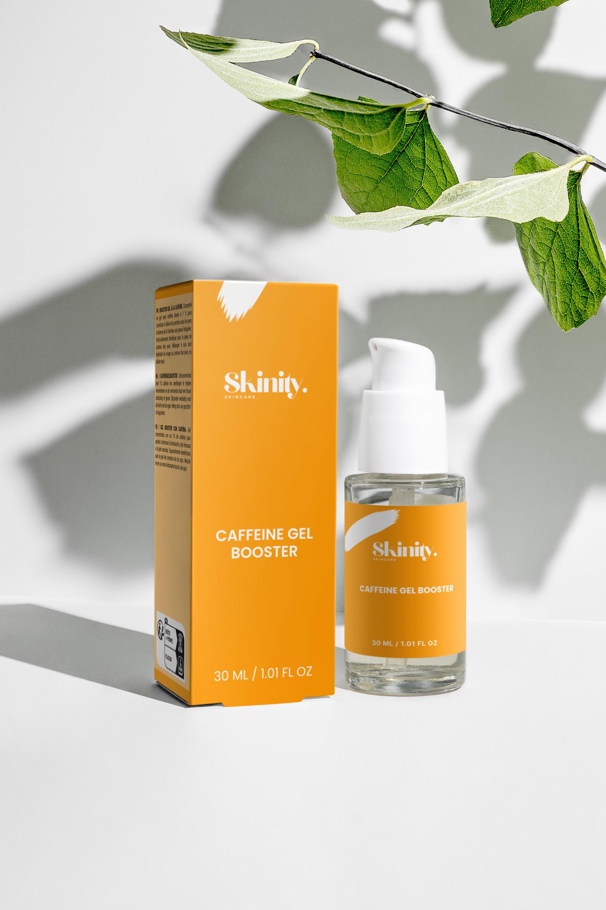 Caffeine gel booster for all skin in a sleek bottle with an orange box, designed to reduce puffiness and energize skin.