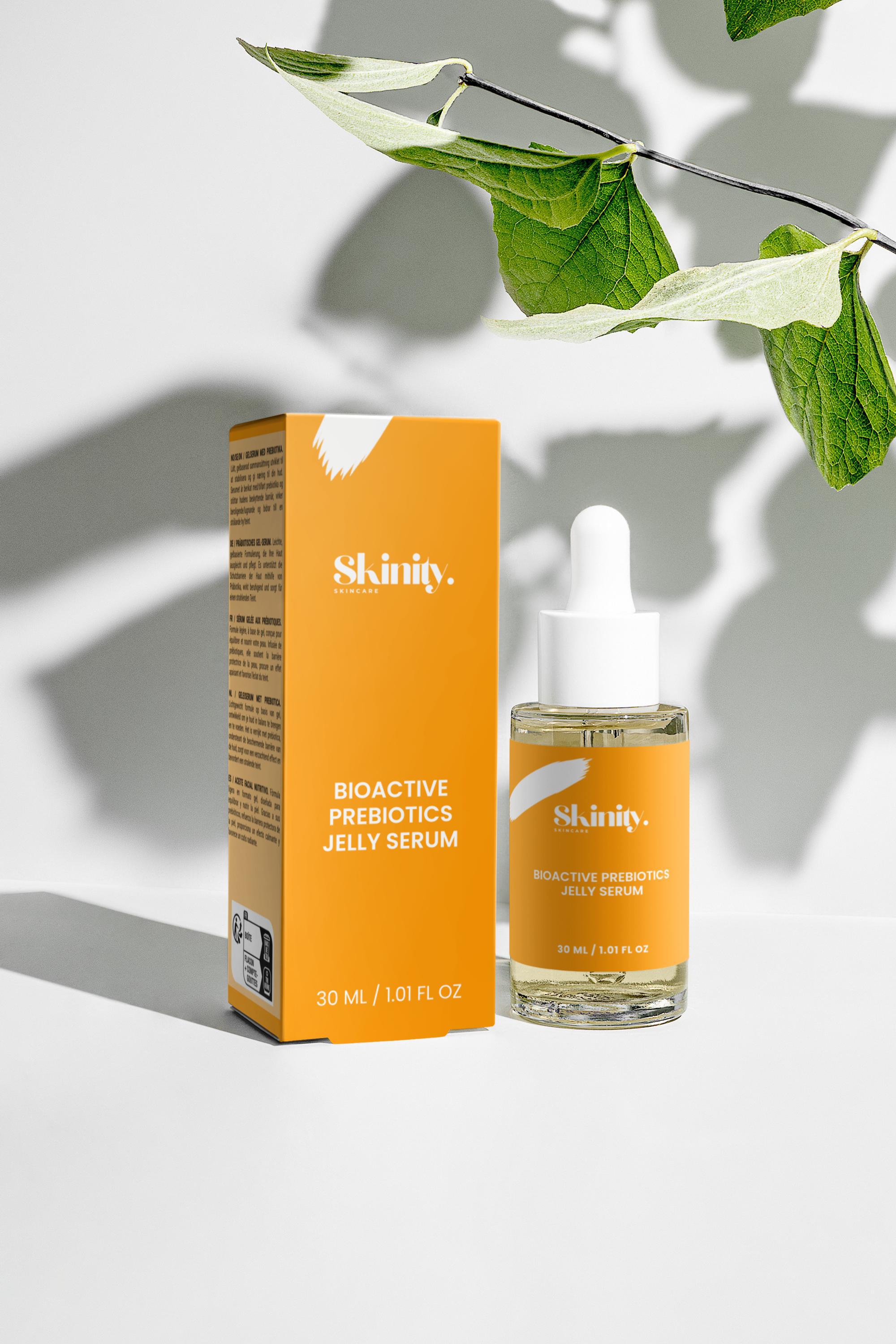 Bioactive Prebiotics Jelly Serum in packaging with dropper, showcasing certified skincare benefits.