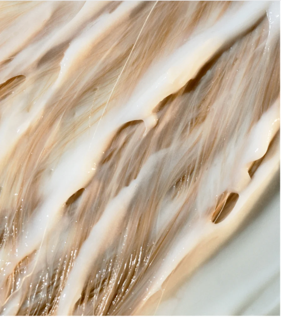 Gloss Conditioner Smoky Green Vetiver applied on blonde hair strands for silky and smooth results.