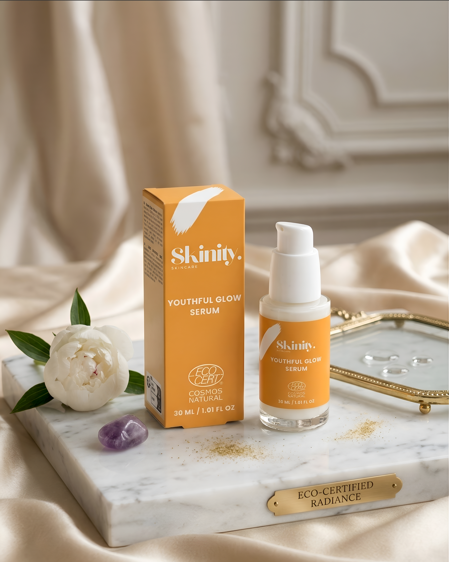 Skinity Youthful Glow Serum For All Skin Types in elegant packaging on marble surface with flowers.