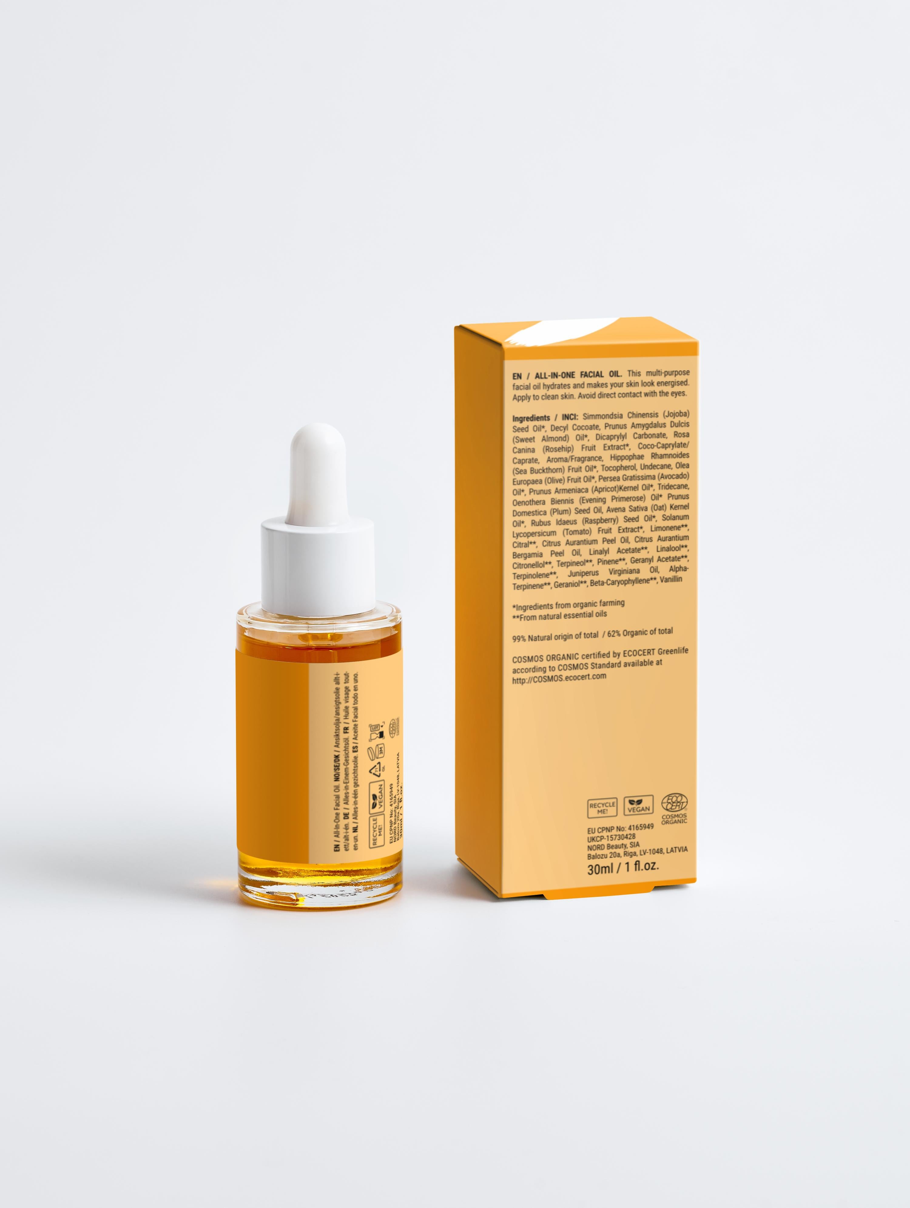 All-In-One Facial Oil for all skincare in a glass dropper bottle with orange packaging.