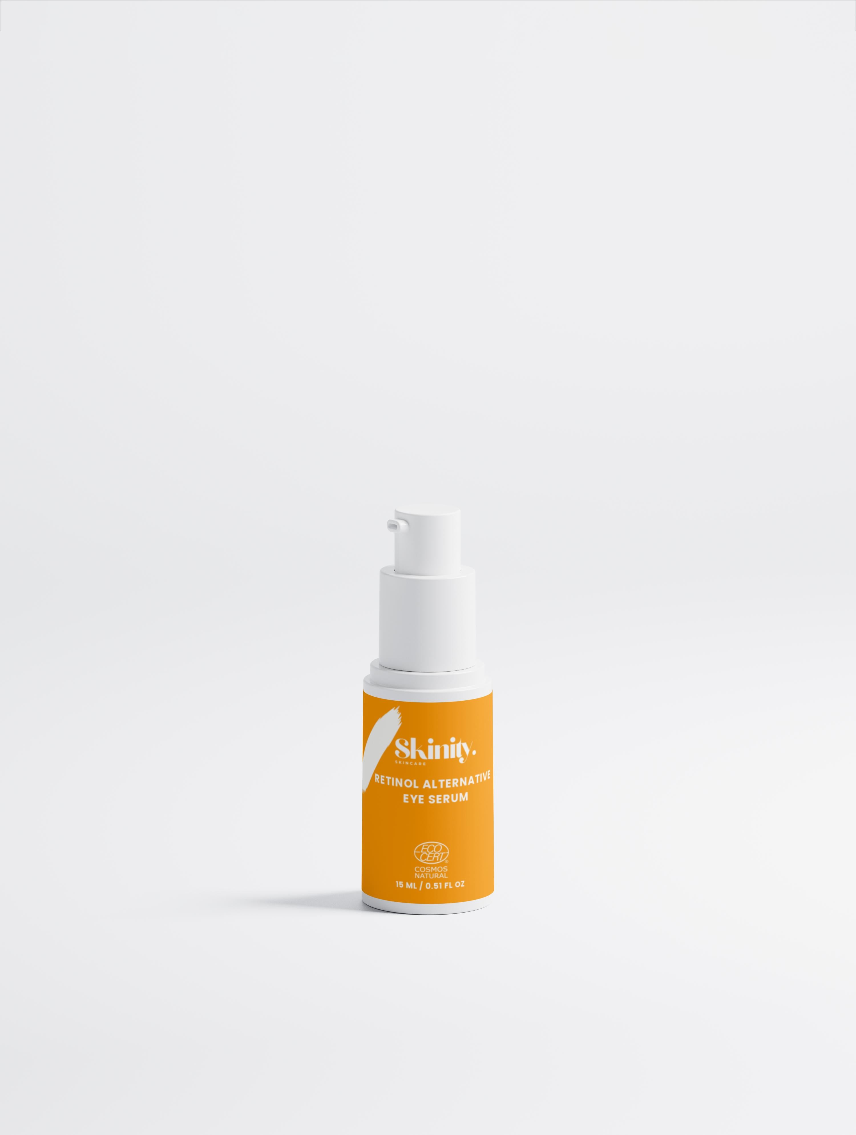 Natural Retinol Alternative Eye Serum in a stylish bottle on a white background.
