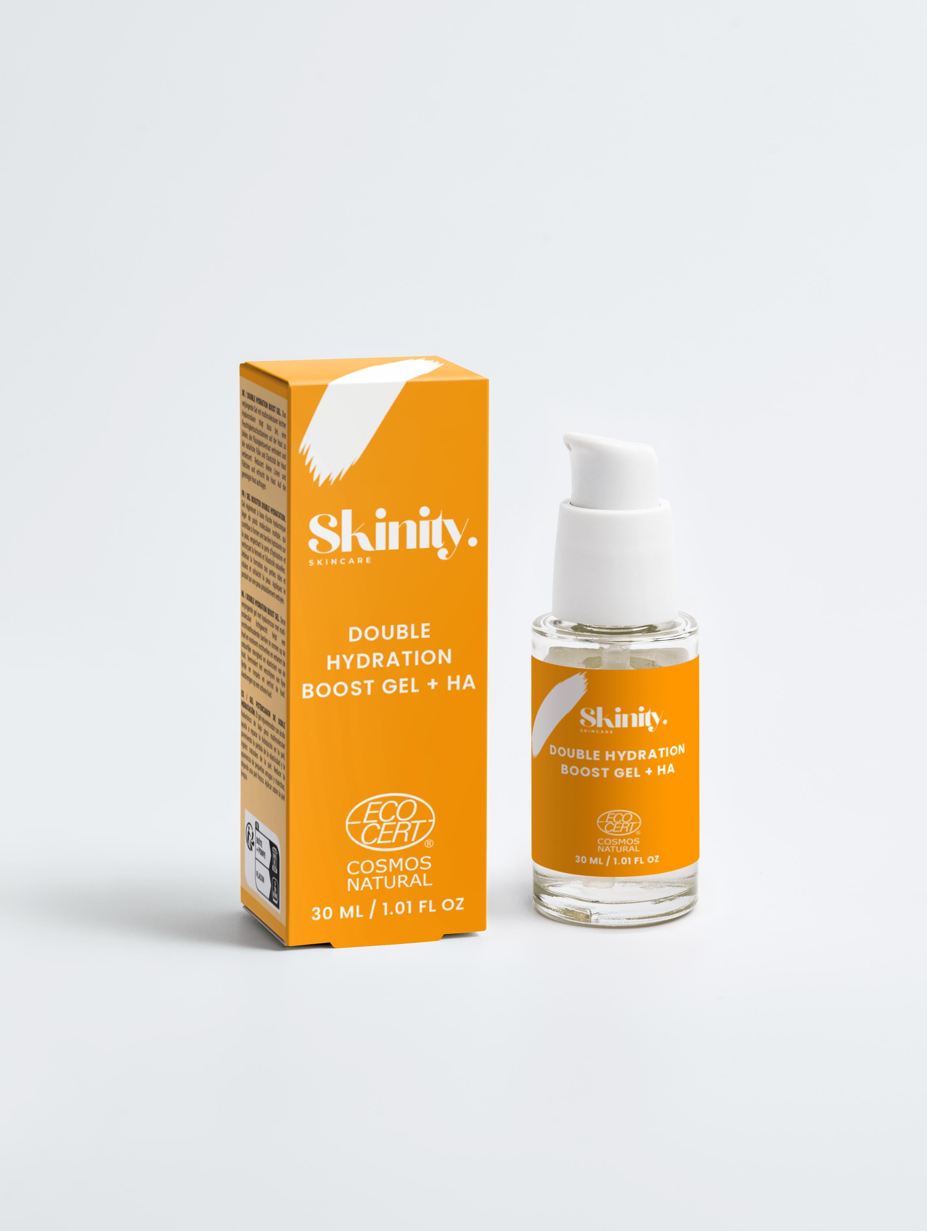 Double Hydration Boost Gel + HA by Skinity in a bottle with an orange box, showcasing eco-friendly skincare.