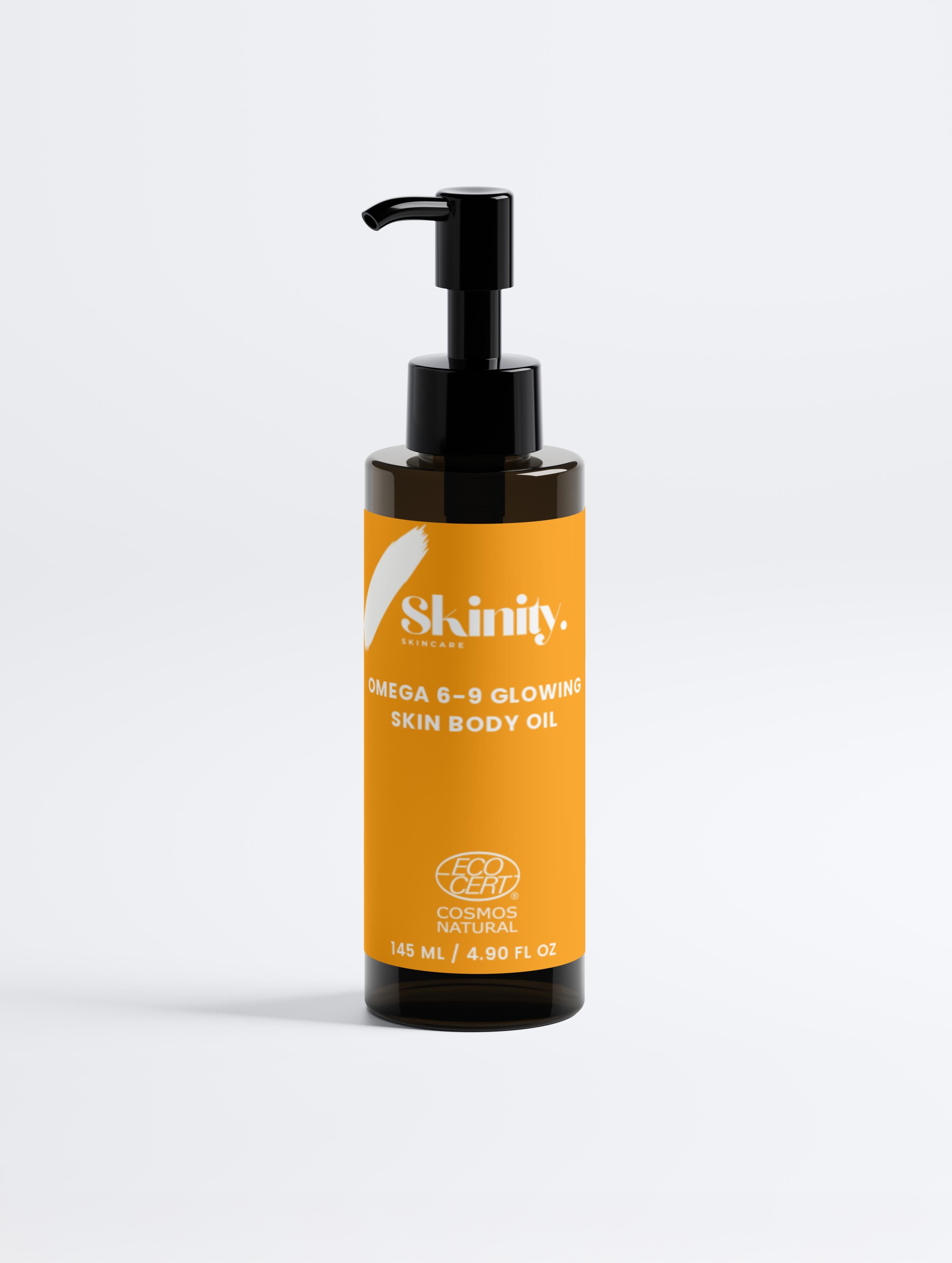 Omega 6-9 Glowing Skin Body Oil For All Skin Types in a stylish black and orange pump bottle.