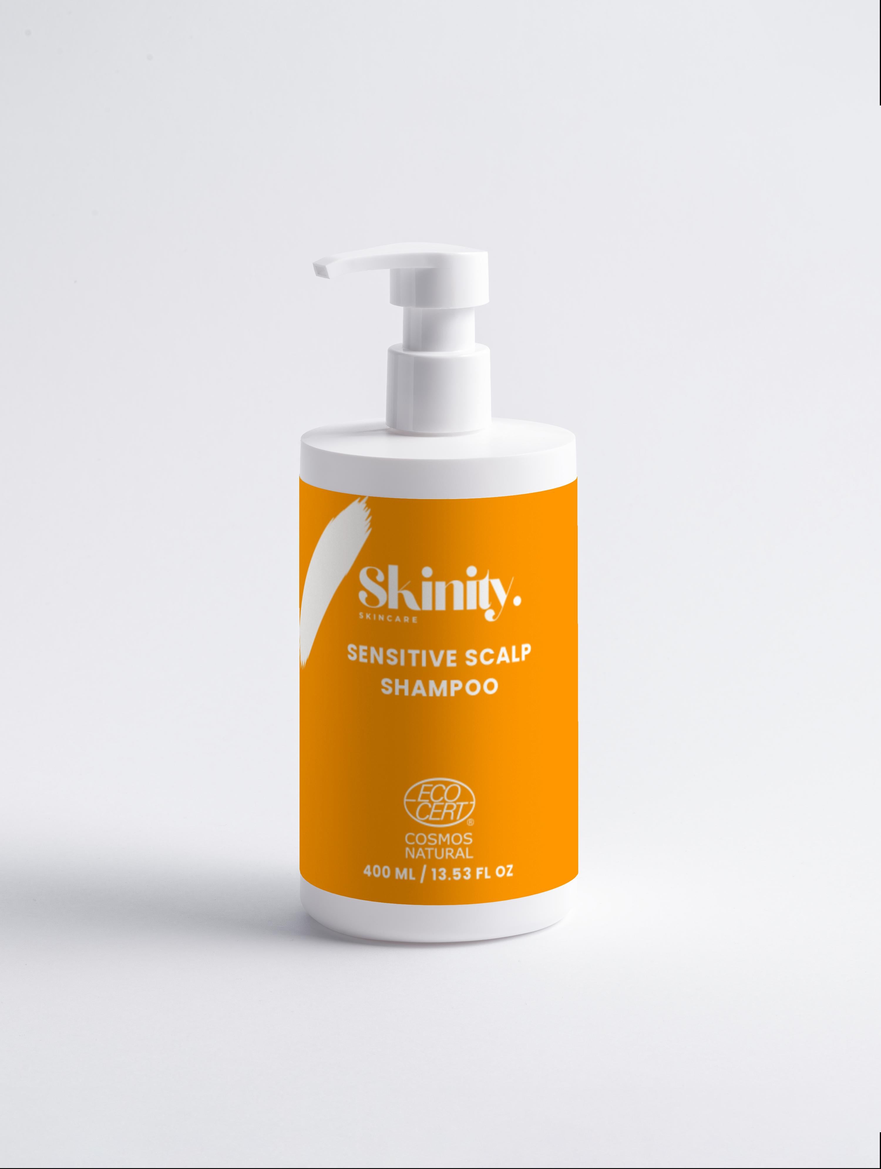 Sensitive Scalp Shampoo for all Hair Types bottle with pump, ECOCERT certified, vegan and cruelty-free.