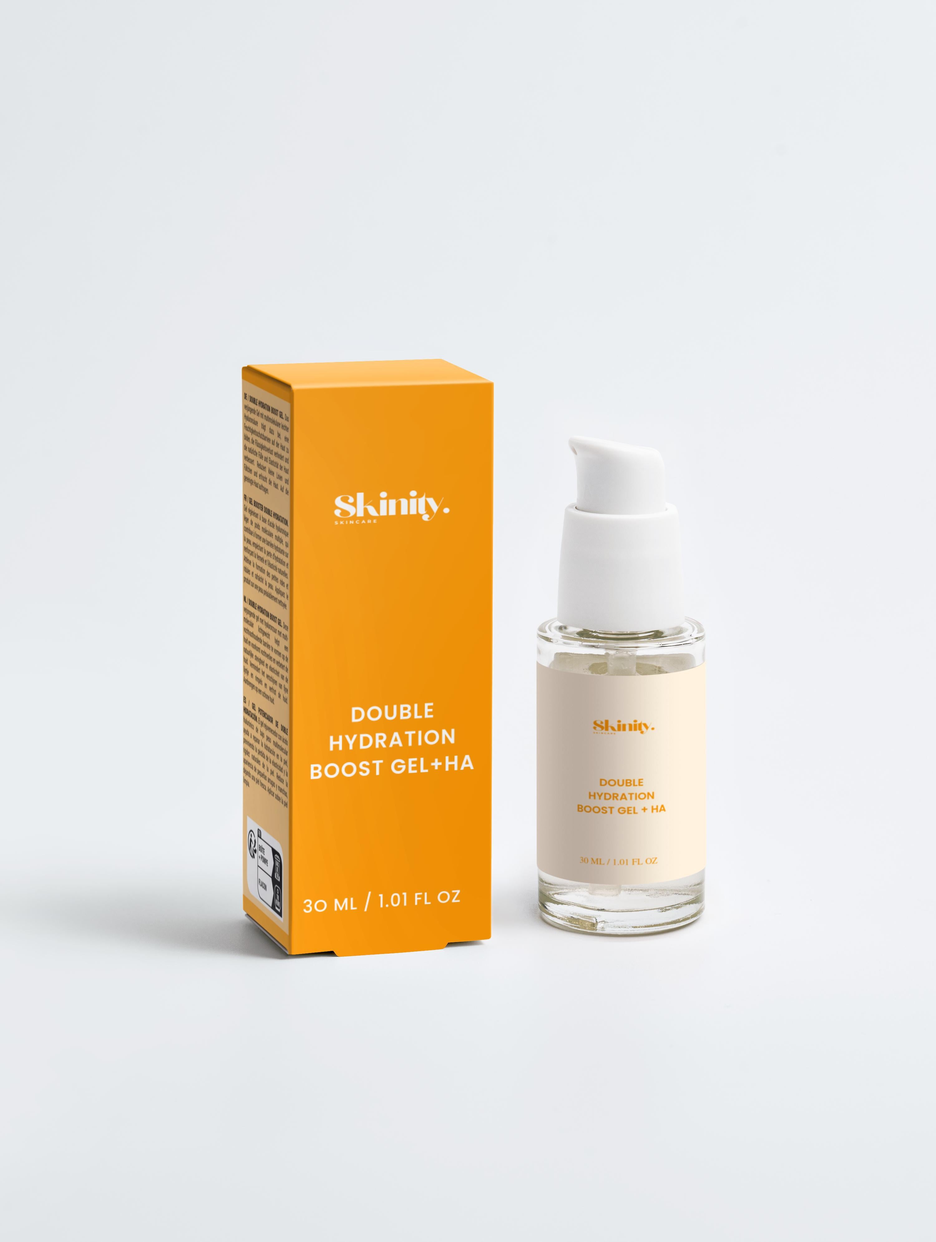 Double Hydration Boost Gel + HA product with packaging showcasing eco-friendly features.
