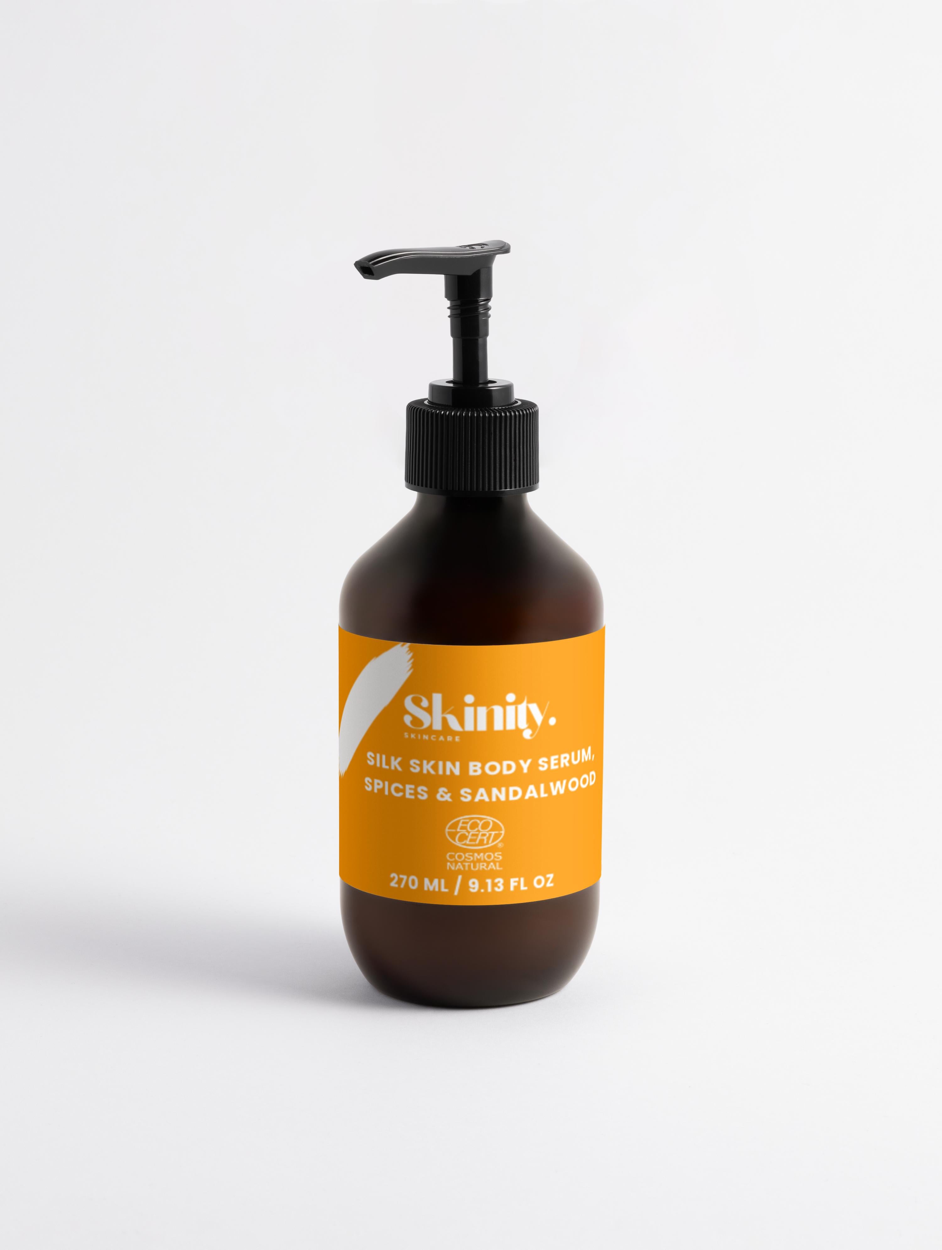 Silk Skin Body Serum Spices and Sandalwood bottle with pump, 270 ml, EcoCert certified, vegan and cruelty-free.