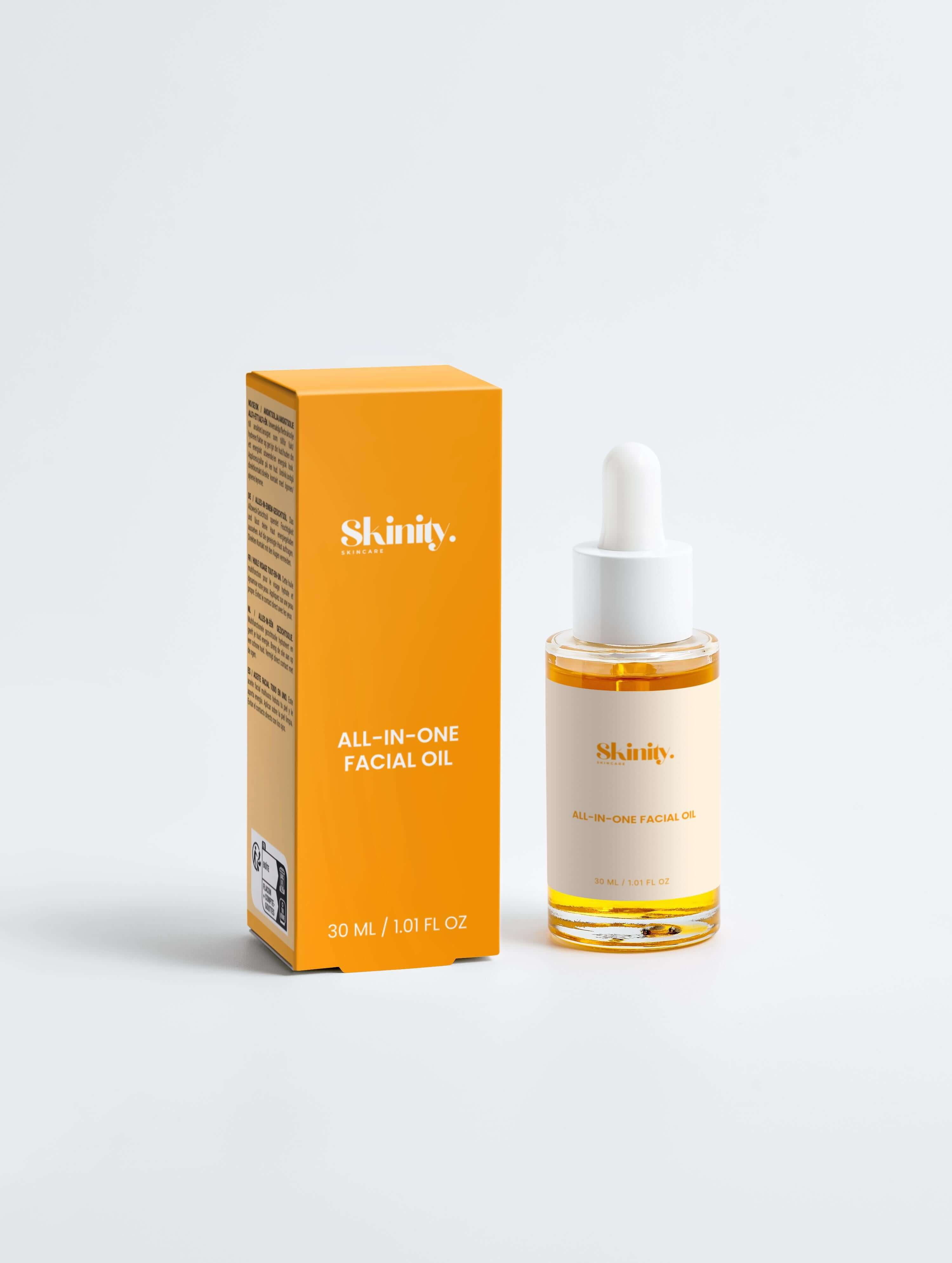 All-In-One Facial Oil for all skincare in a 30ml bottle with a bright orange box.
