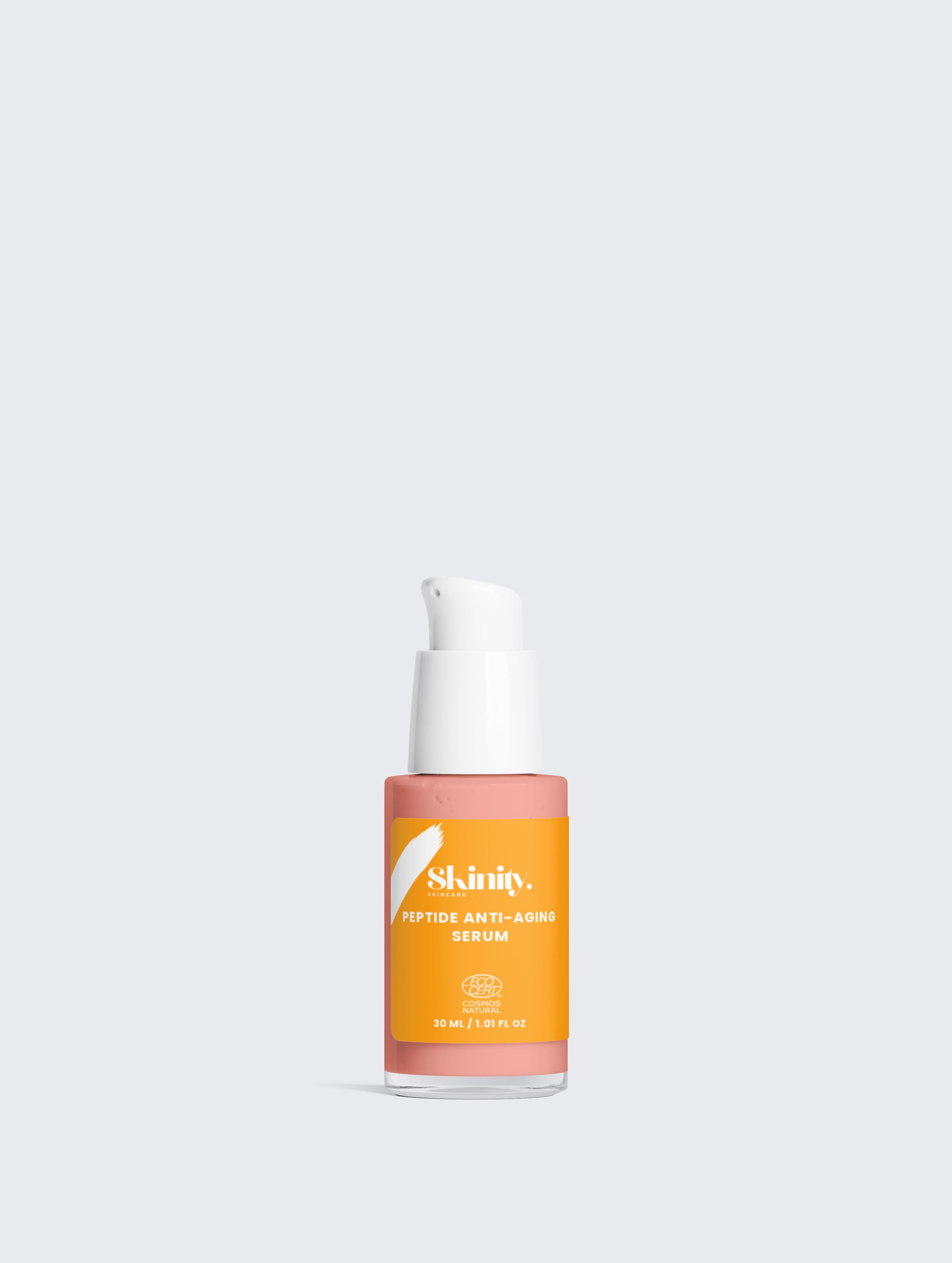 Peptide Anti-Aging Serum for All skincare bottle with a pink and yellow design, highlighting its luxurious formula.