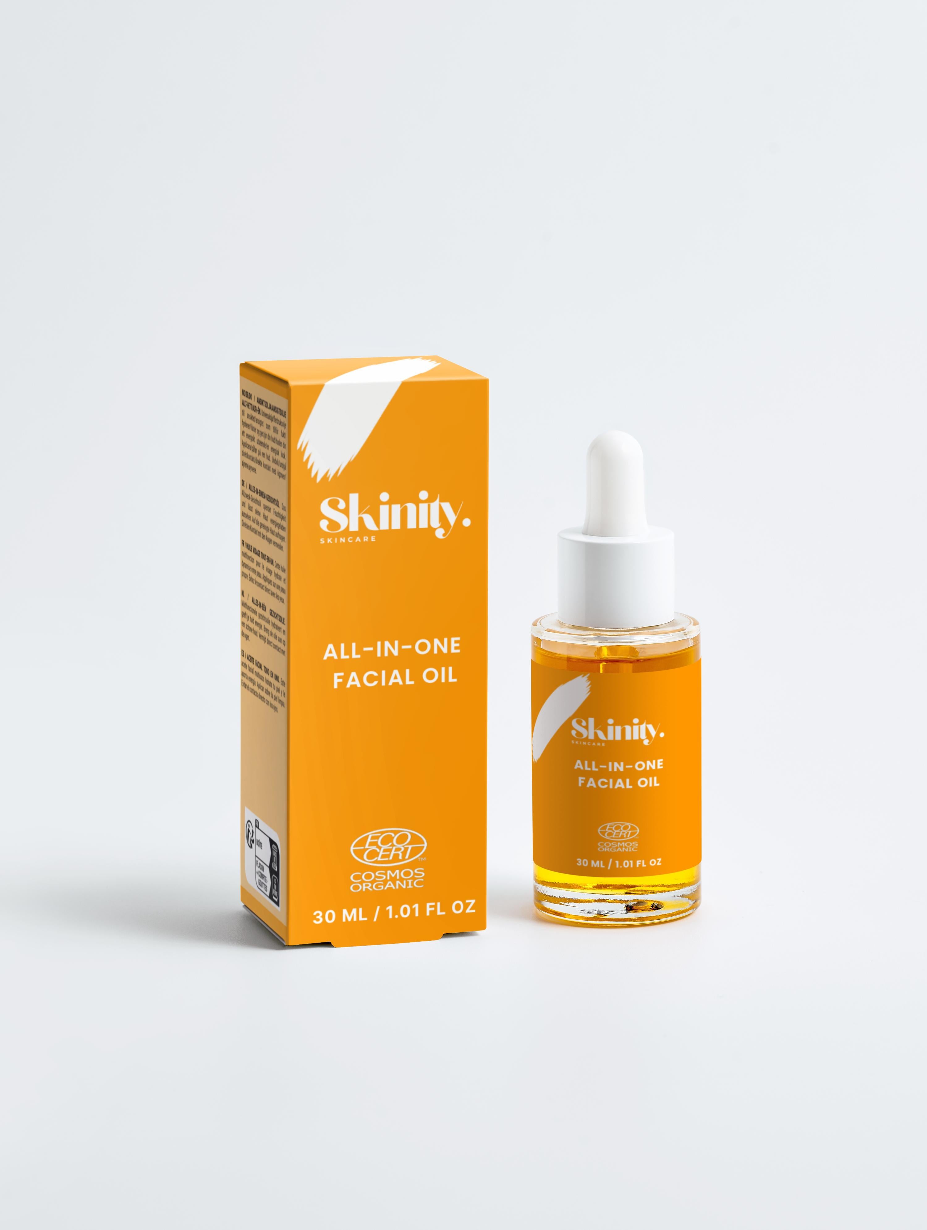 All-In-One Facial Oil for all skincare in a dropper bottle with packaging.