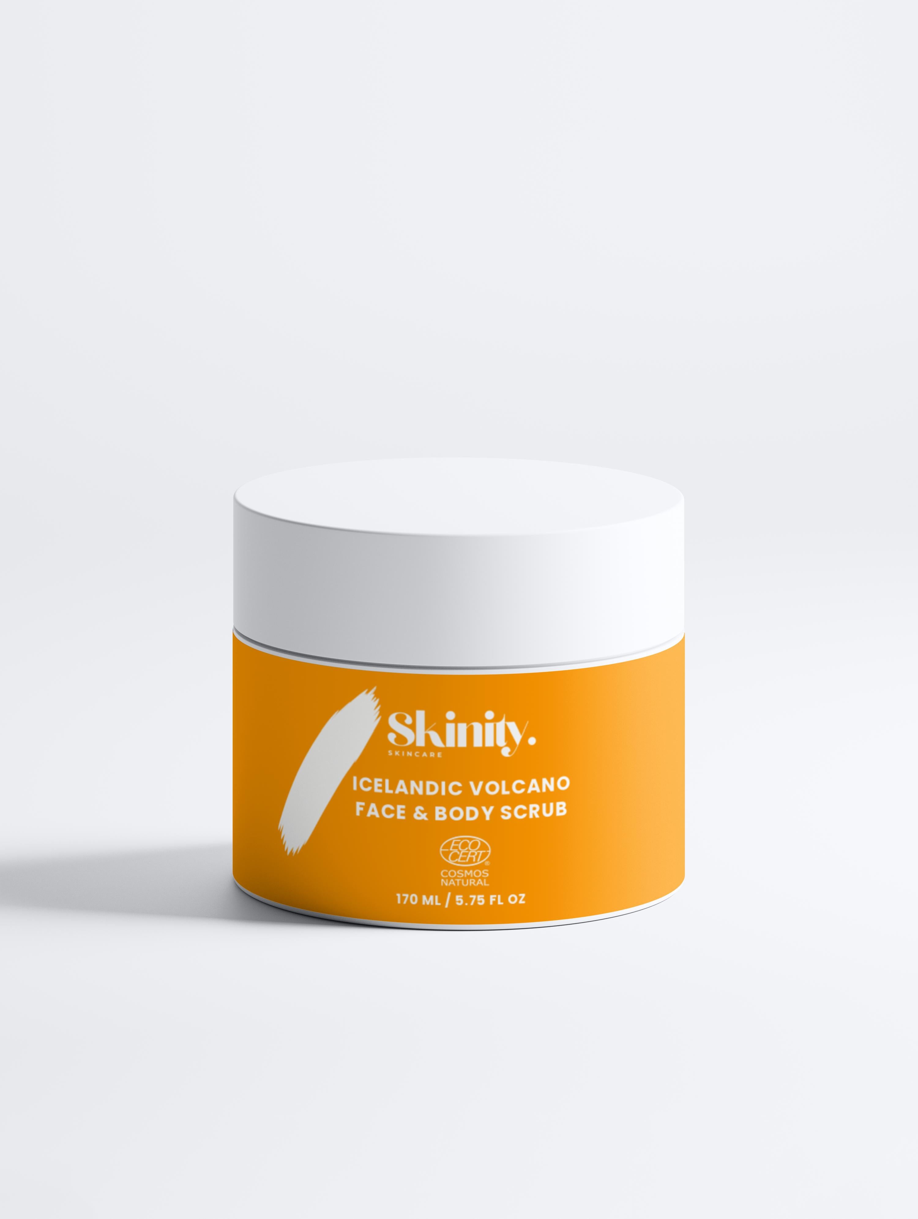 Icelandic Volcano Face and Body Scrub in a yellow container on a white background, showcasing the product design.
