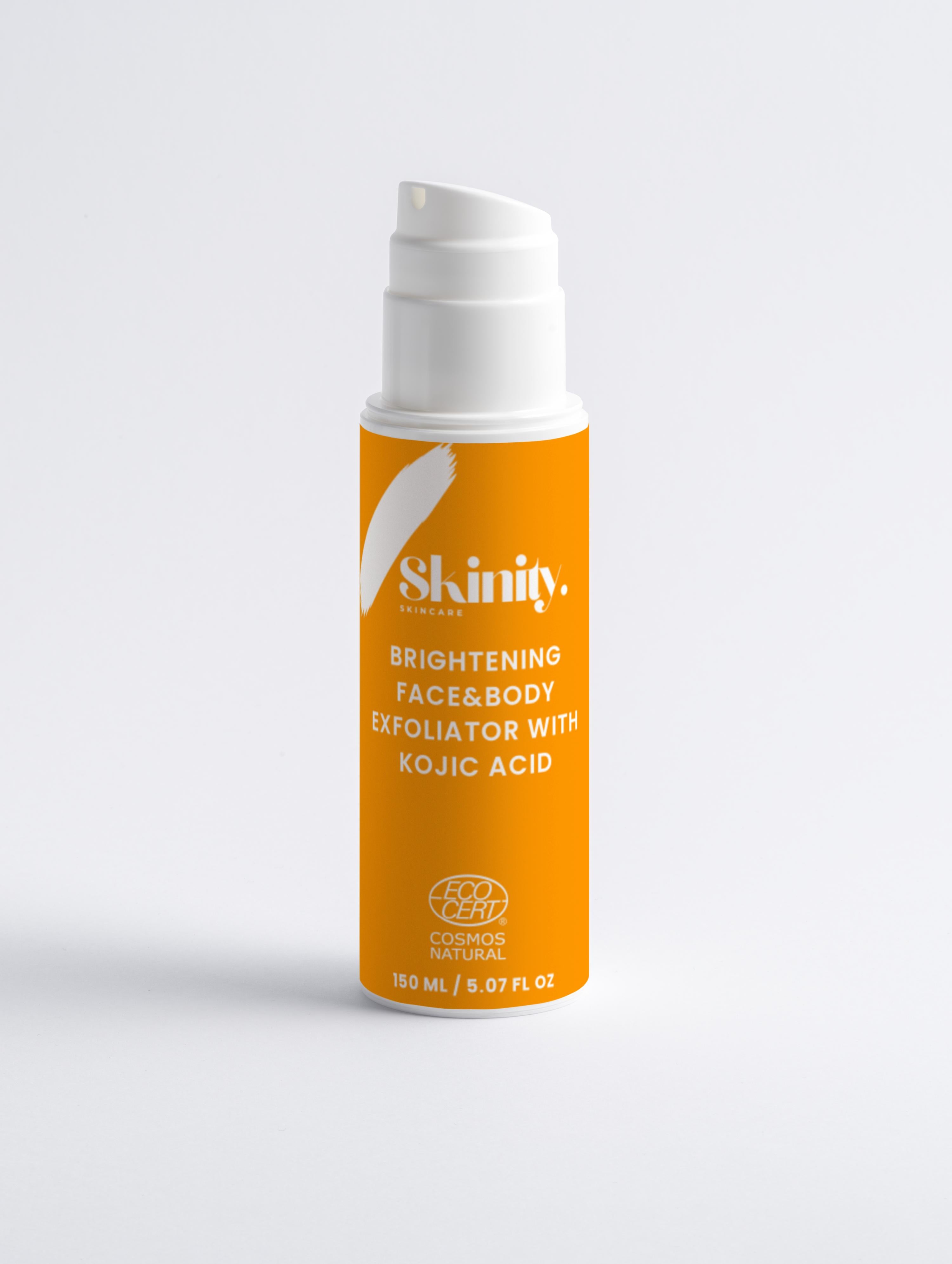 Brightening Face and Body Exfoliator with Kojic Acid in a pump bottle, ECOCERT certified, vegan and cruelty-free.