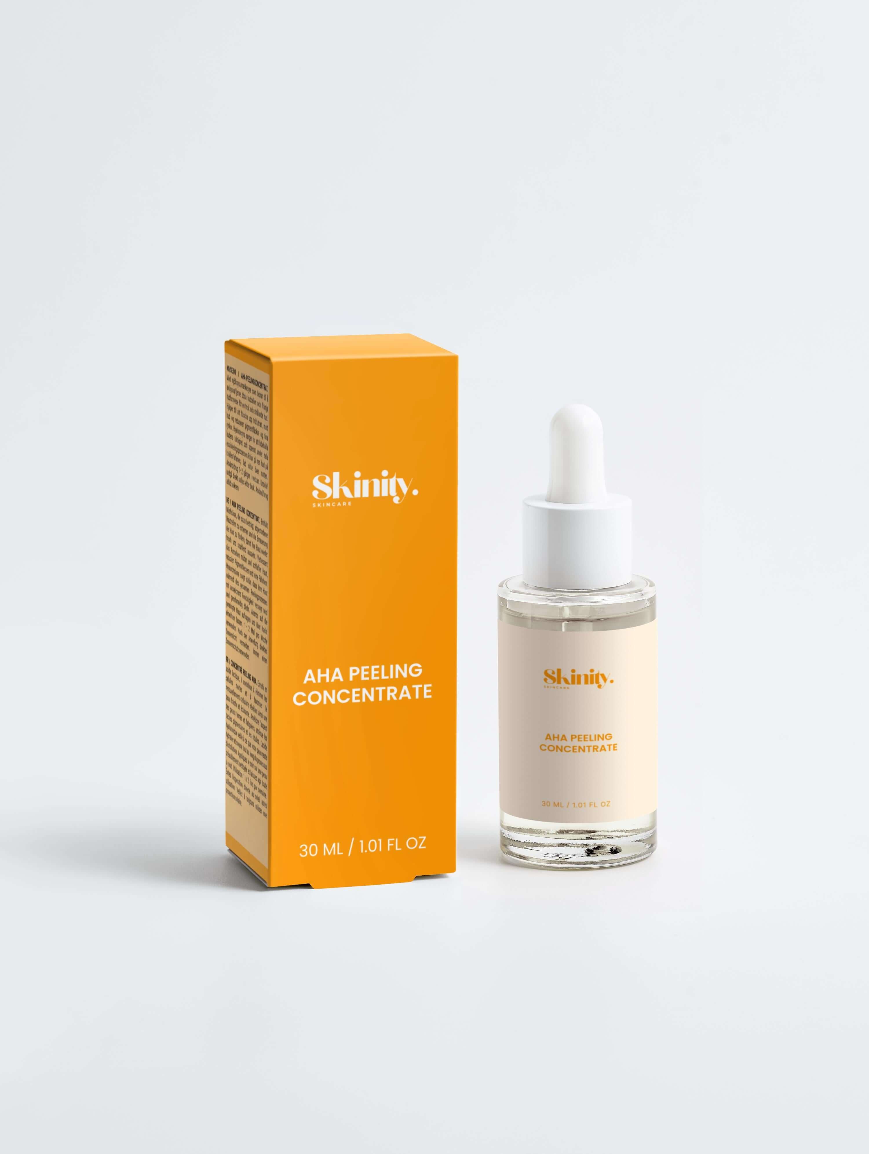 AHA peeling concentrate for skincare in a 30 ML glass bottle and orange box packaging.